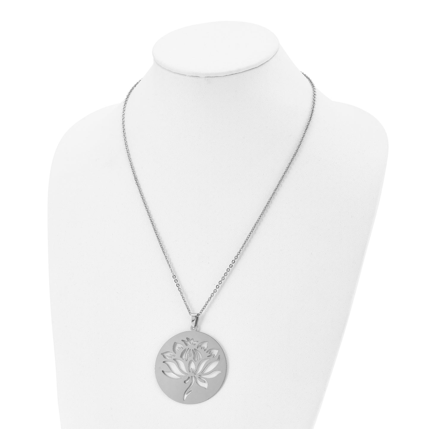 Stainless Steel Chisel Polished Flower Cut-Out Circle Pendant On A 22 Inch Cable Chain Necklace