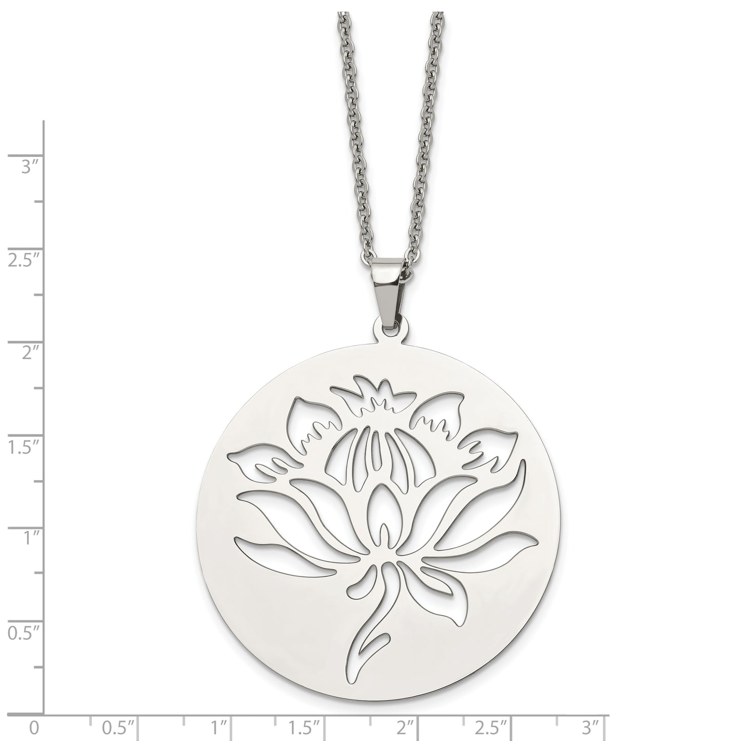 Stainless Steel Chisel Polished Flower Cut-Out Circle Pendant On A 22 Inch Cable Chain Necklace