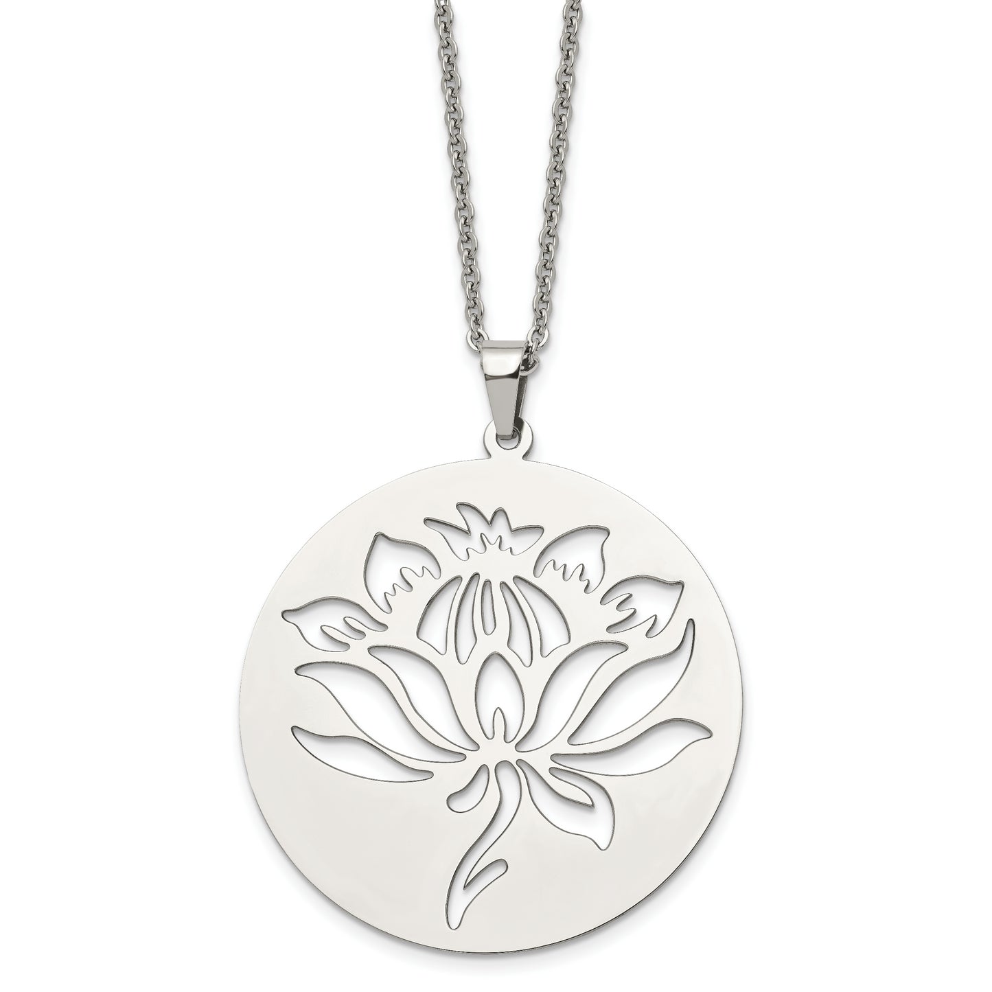 Stainless Steel Chisel Polished Flower Cut-Out Circle Pendant On A 22 Inch Cable Chain Necklace