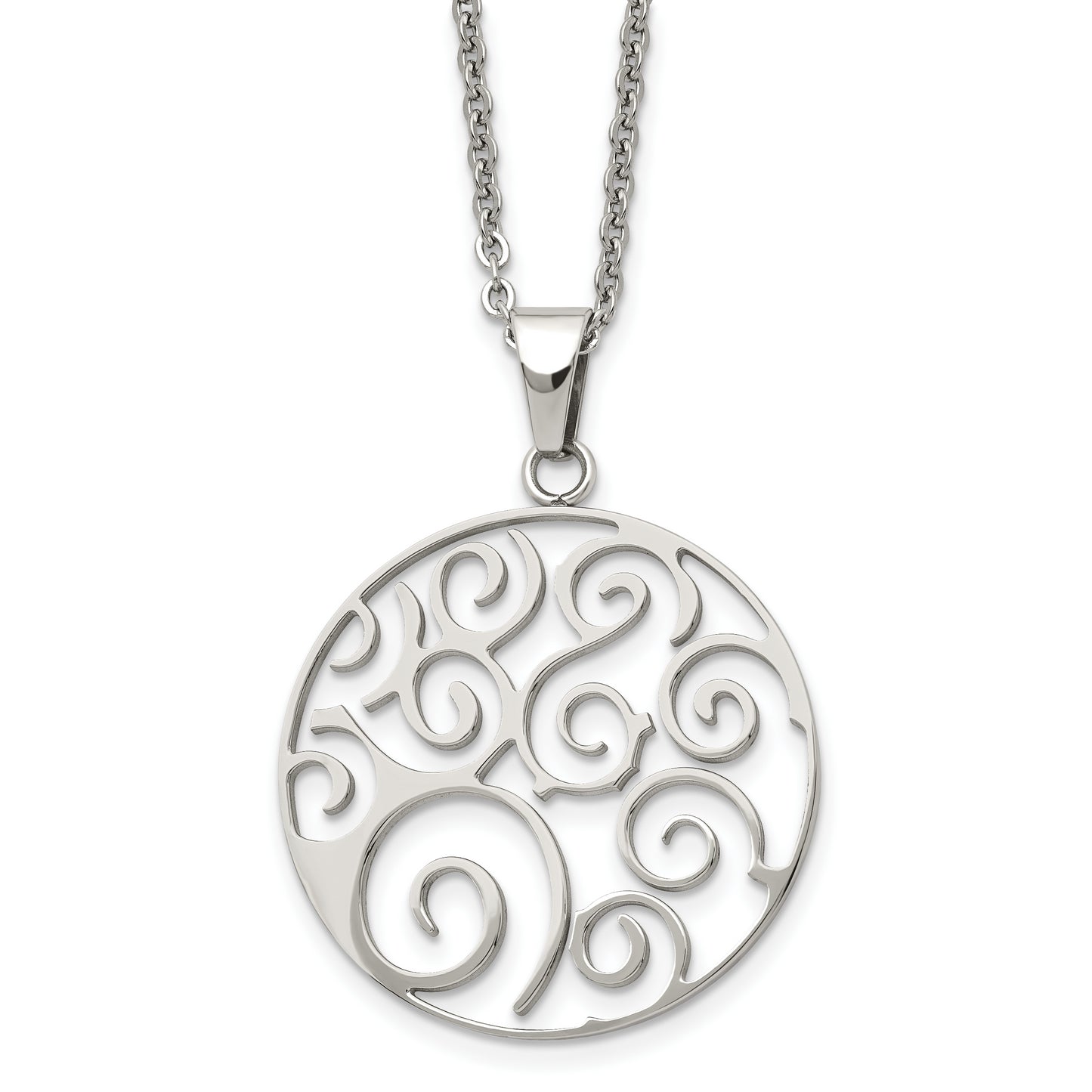 Stainless Steel Chisel Polished Fancy Swirl Pendant On A 22 Inch Cable Chain Necklace