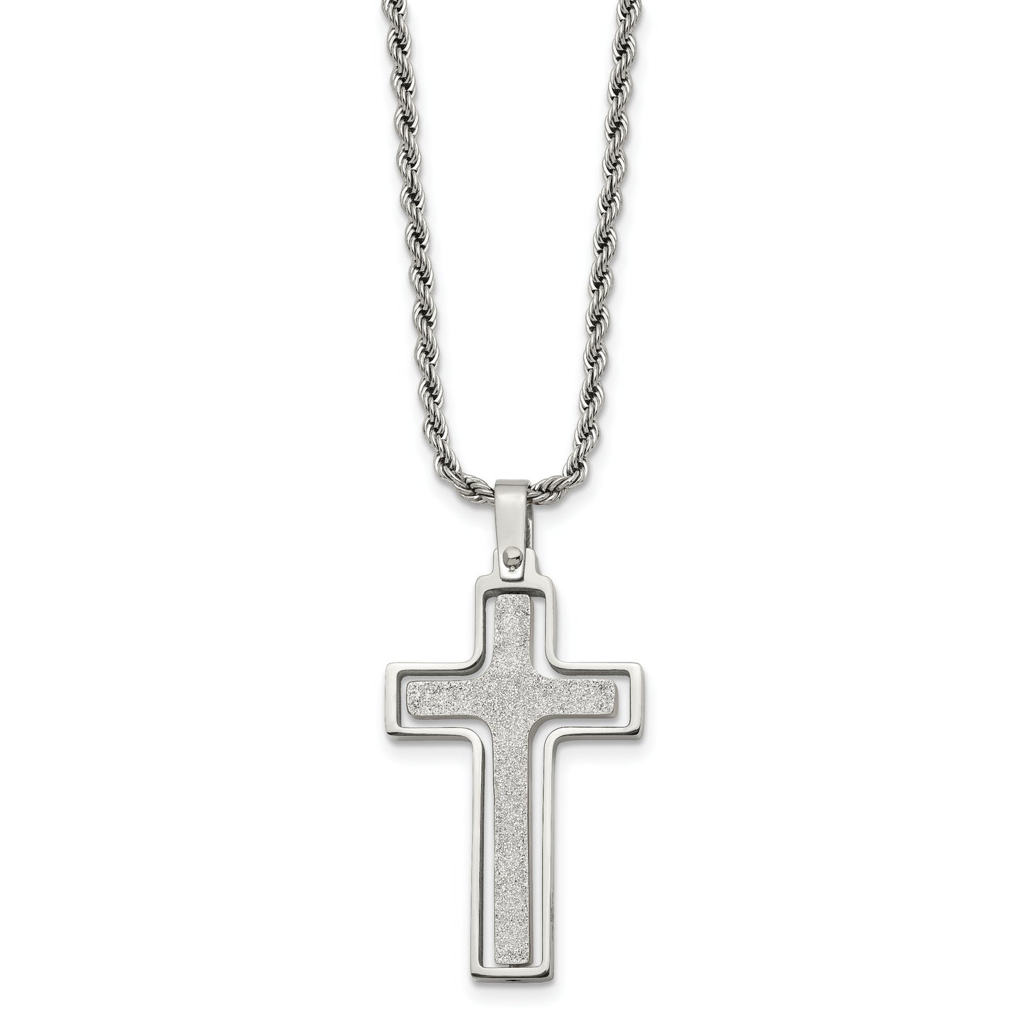 Stainless Steel Chisel Polished And Laser Cut Moveable Cross Pendant On A 22 Inch Rope Chain Necklace