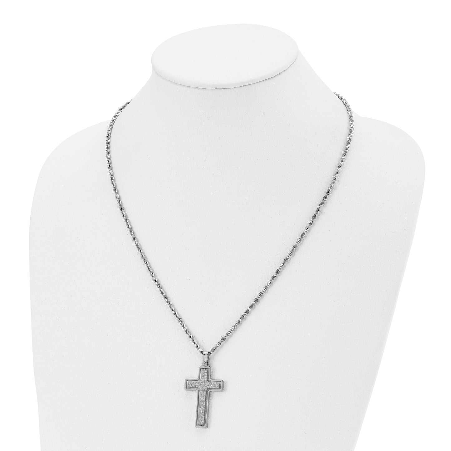 Stainless Steel Chisel Polished And Laser Cut Moveable Cross Pendant On A 22 Inch Rope Chain Necklace