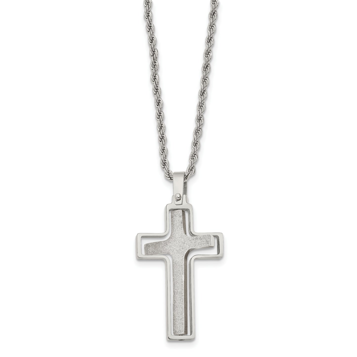 Stainless Steel Chisel Polished And Laser Cut Moveable Cross Pendant On A 22 Inch Rope Chain Necklace