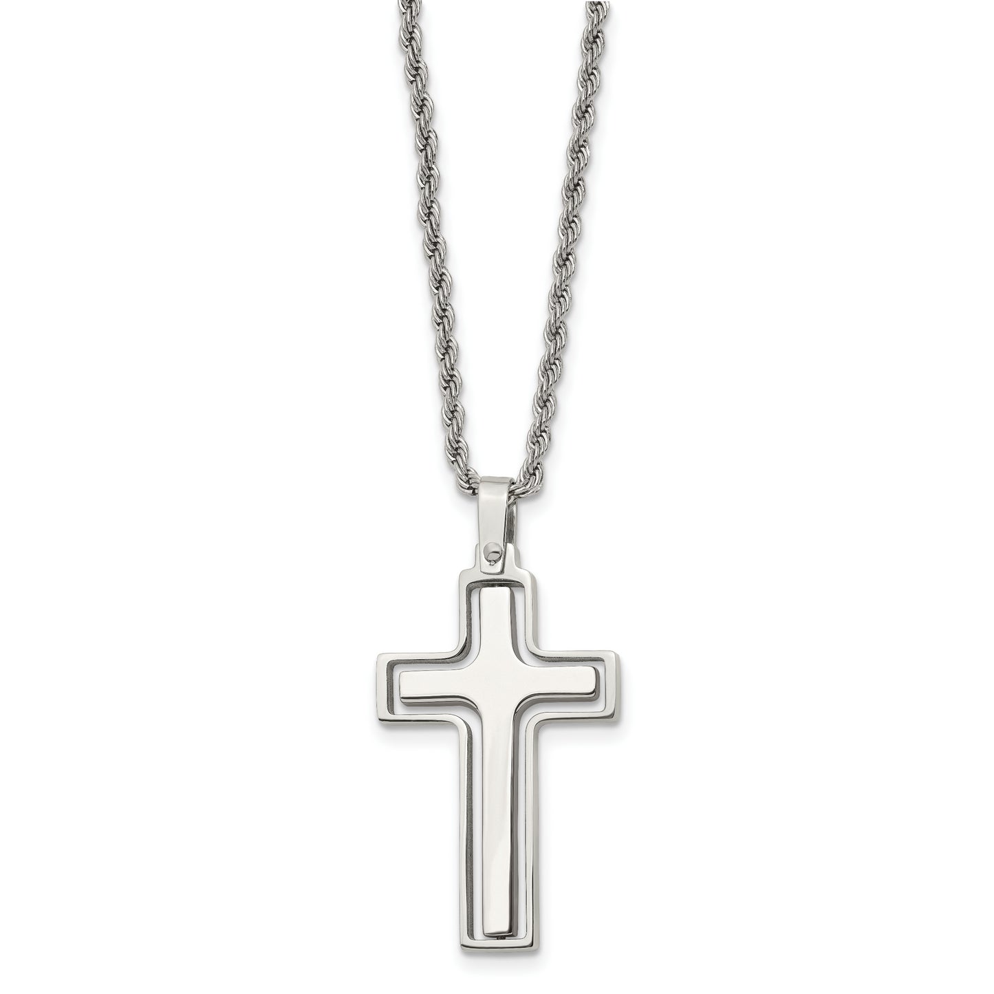 Stainless Steel Chisel Polished And Laser Cut Moveable Cross Pendant On A 22 Inch Rope Chain Necklace