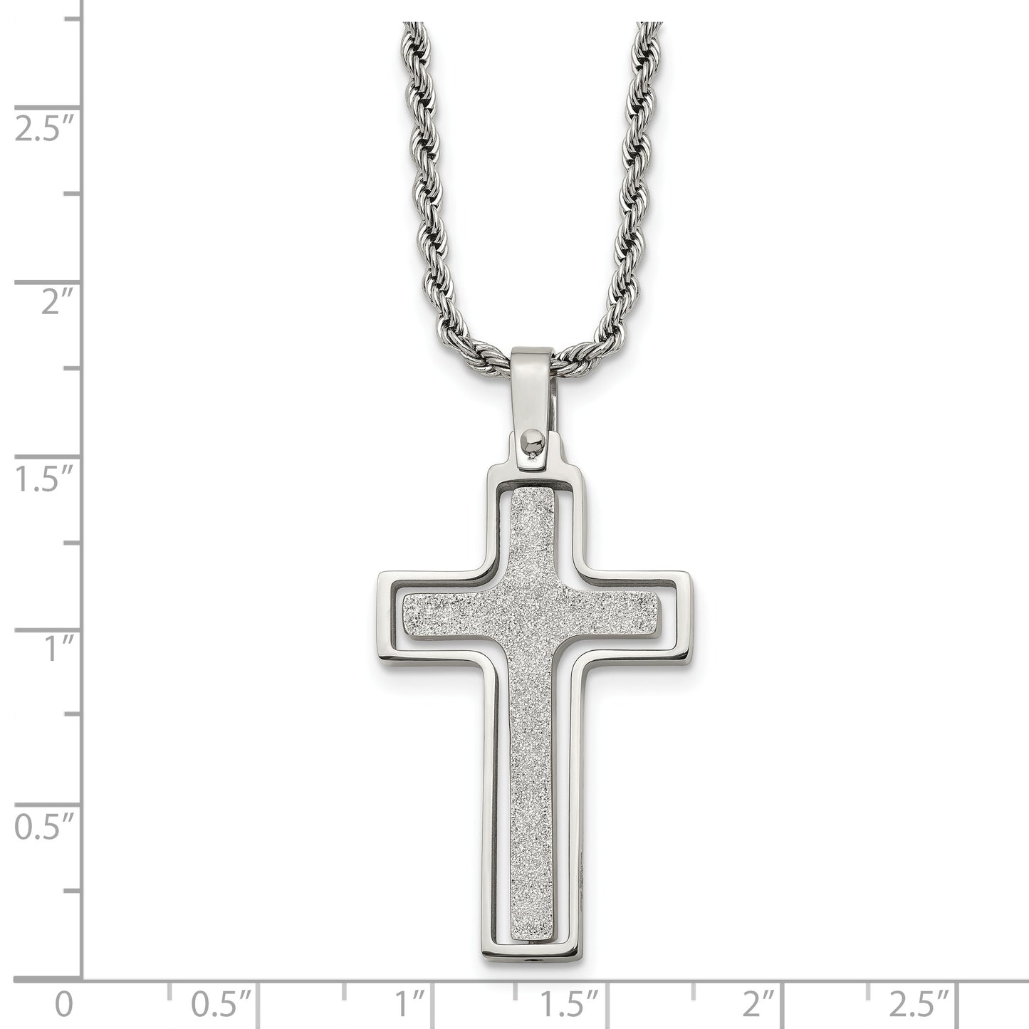 Stainless Steel Chisel Polished And Laser Cut Moveable Cross Pendant On A 22 Inch Rope Chain Necklace