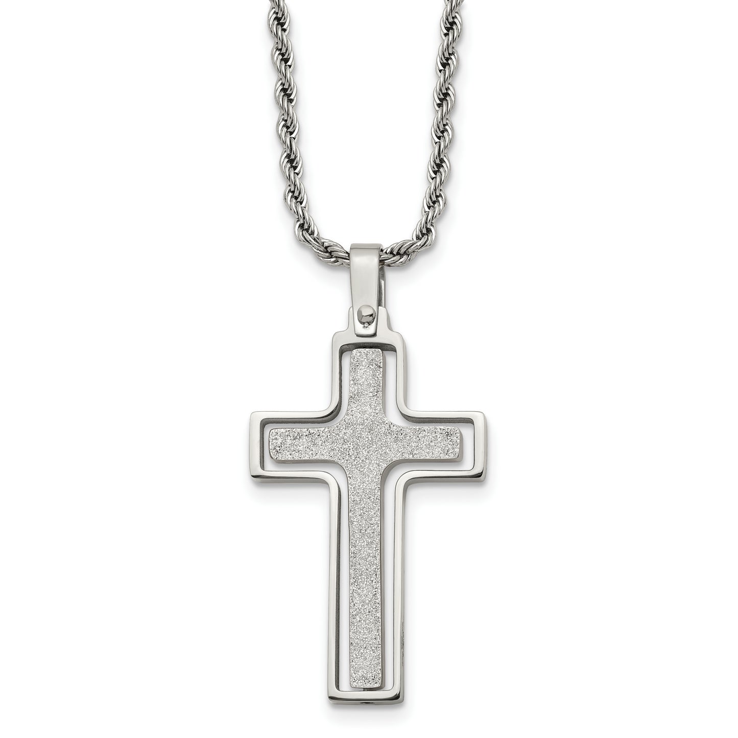 Stainless Steel Chisel Polished And Laser Cut Moveable Cross Pendant On A 22 Inch Rope Chain Necklace