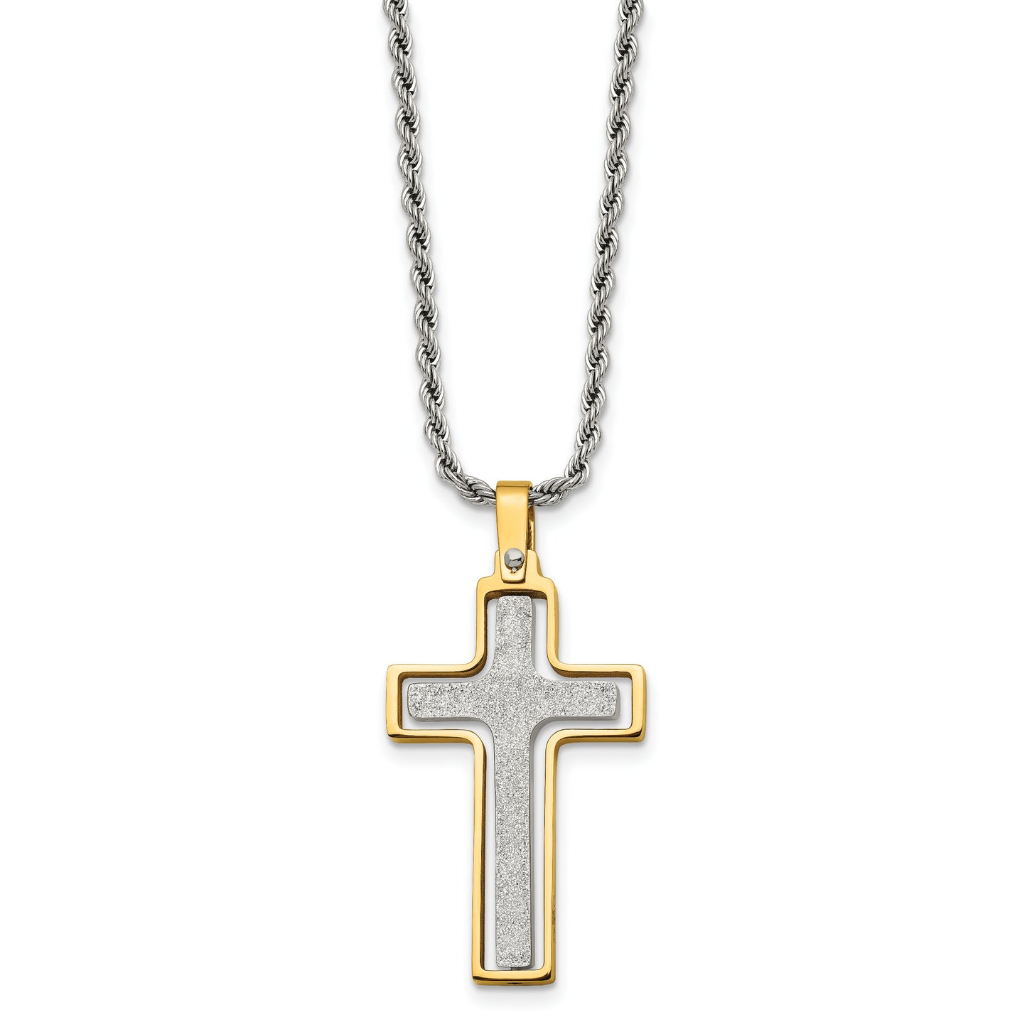 Stainless Steel Chisel Polished Laser Cut Center Yellow Ip-Plated Moveable Cross Pendant On 22 Inch Rope Chain Necklace