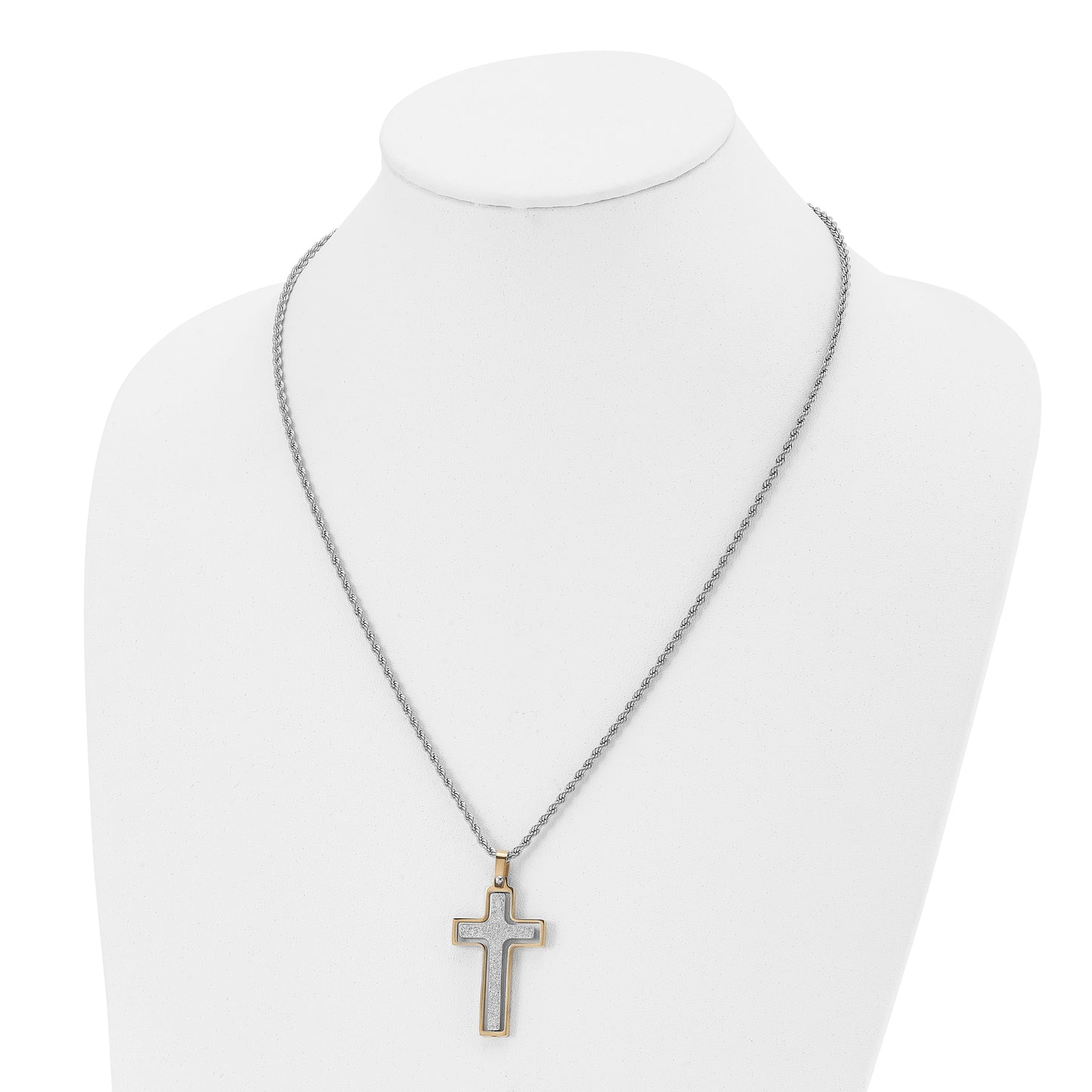 Stainless Steel Chisel Polished Laser Cut Center Yellow Ip-Plated Moveable Cross Pendant On 22 Inch Rope Chain Necklace