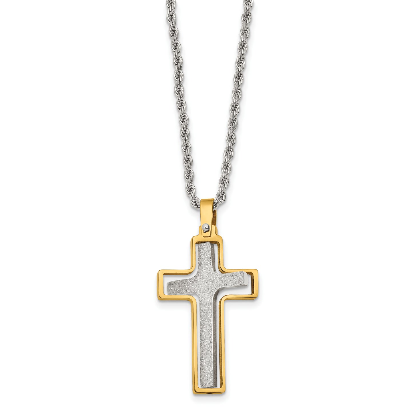 Stainless Steel Chisel Polished Laser Cut Center Yellow Ip-Plated Moveable Cross Pendant On 22 Inch Rope Chain Necklace