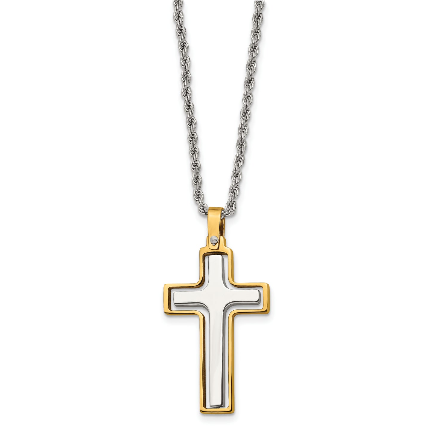 Stainless Steel Chisel Polished Laser Cut Center Yellow Ip-Plated Moveable Cross Pendant On 22 Inch Rope Chain Necklace