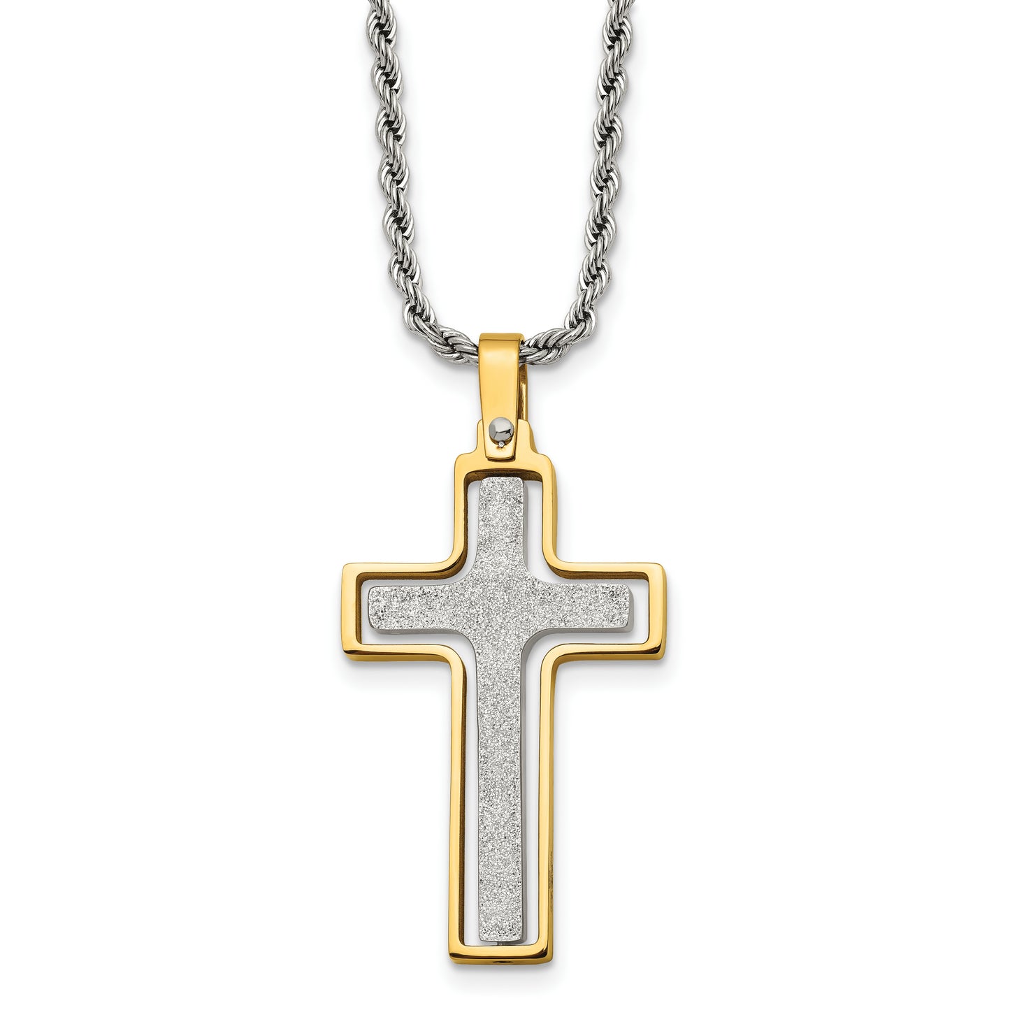 Stainless Steel Chisel Polished Laser Cut Center Yellow Ip-Plated Moveable Cross Pendant On 22 Inch Rope Chain Necklace