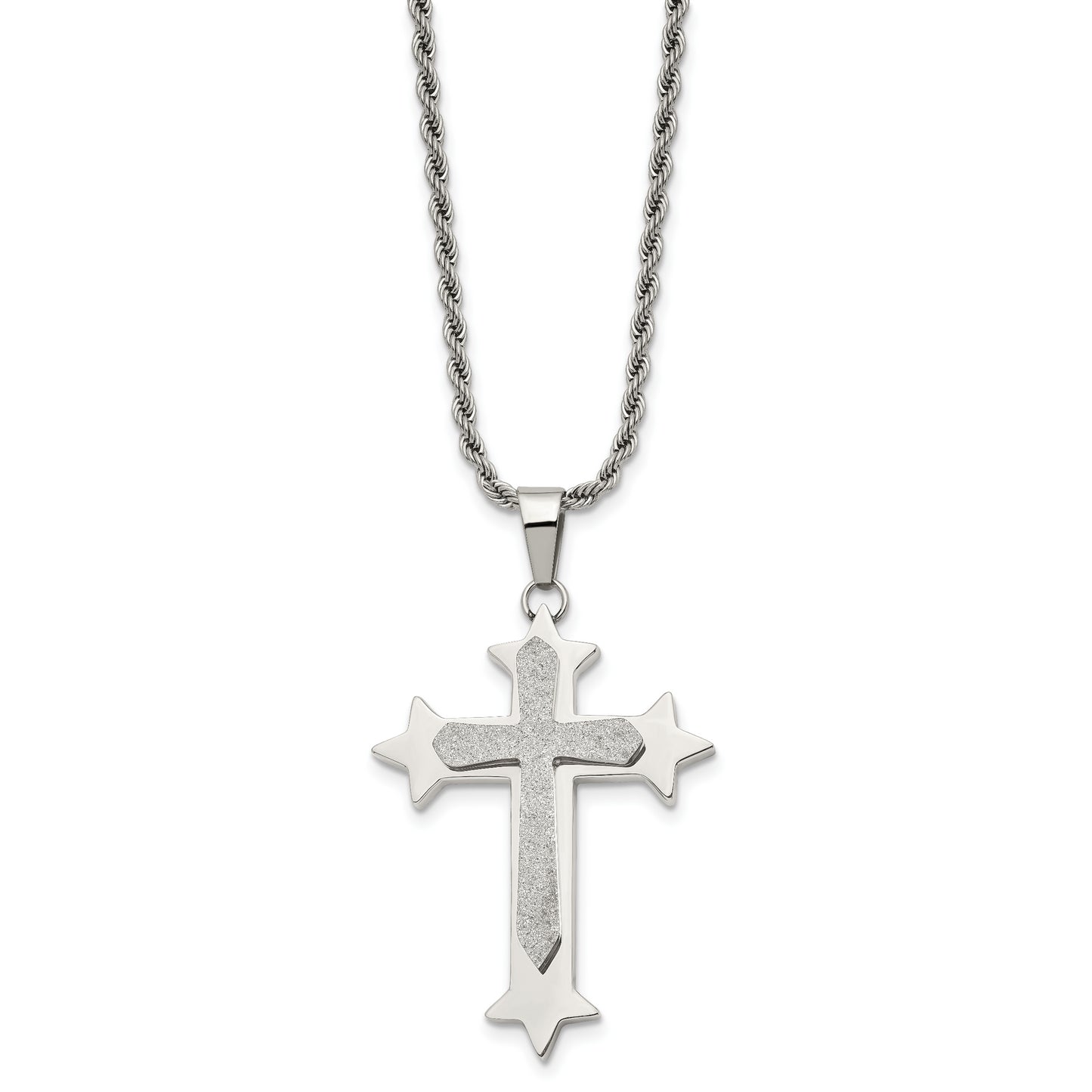 Stainless Steel Chisel Polished And Laser Cut Cross Pendant On A 24 Inch Rope Chain Necklace