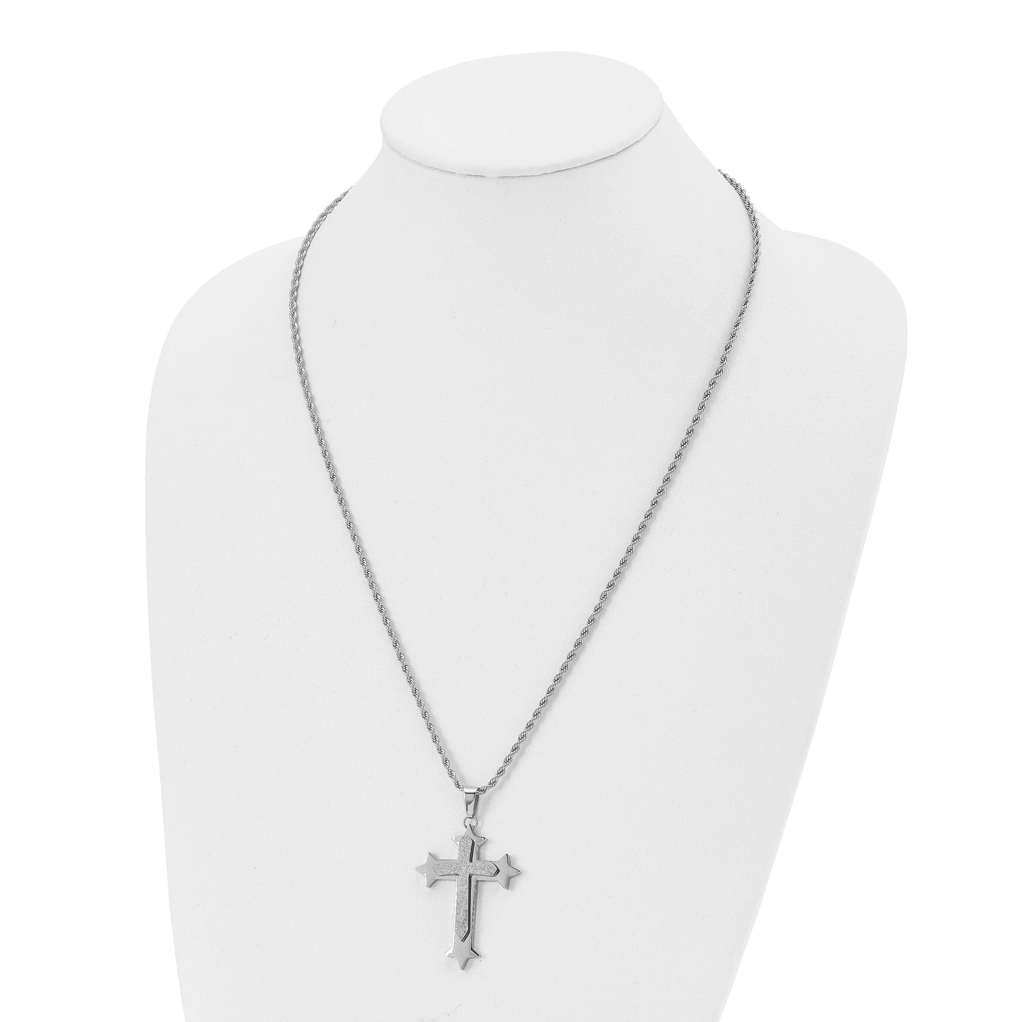 Stainless Steel Chisel Polished And Laser Cut Cross Pendant On A 24 Inch Rope Chain Necklace