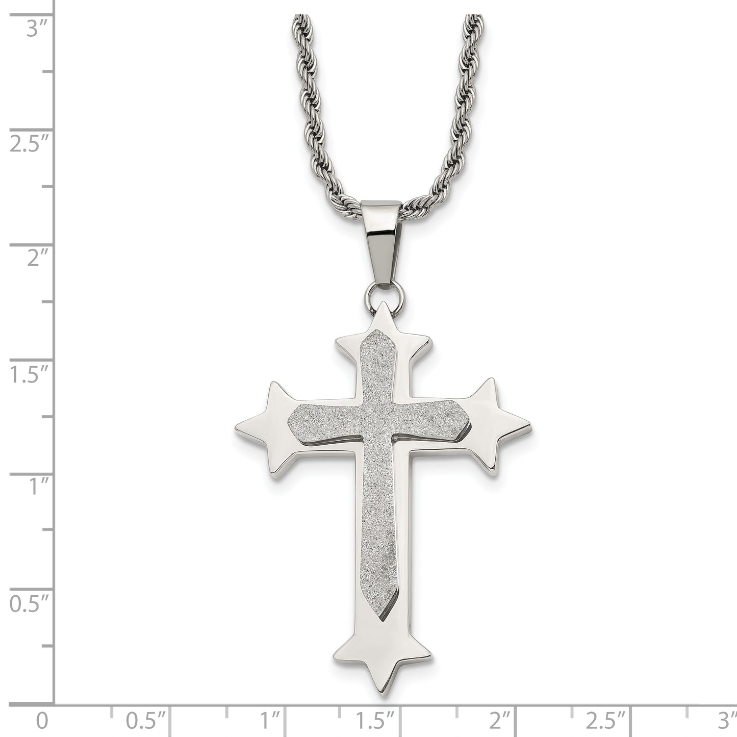 Stainless Steel Chisel Polished And Laser Cut Cross Pendant On A 24 Inch Rope Chain Necklace