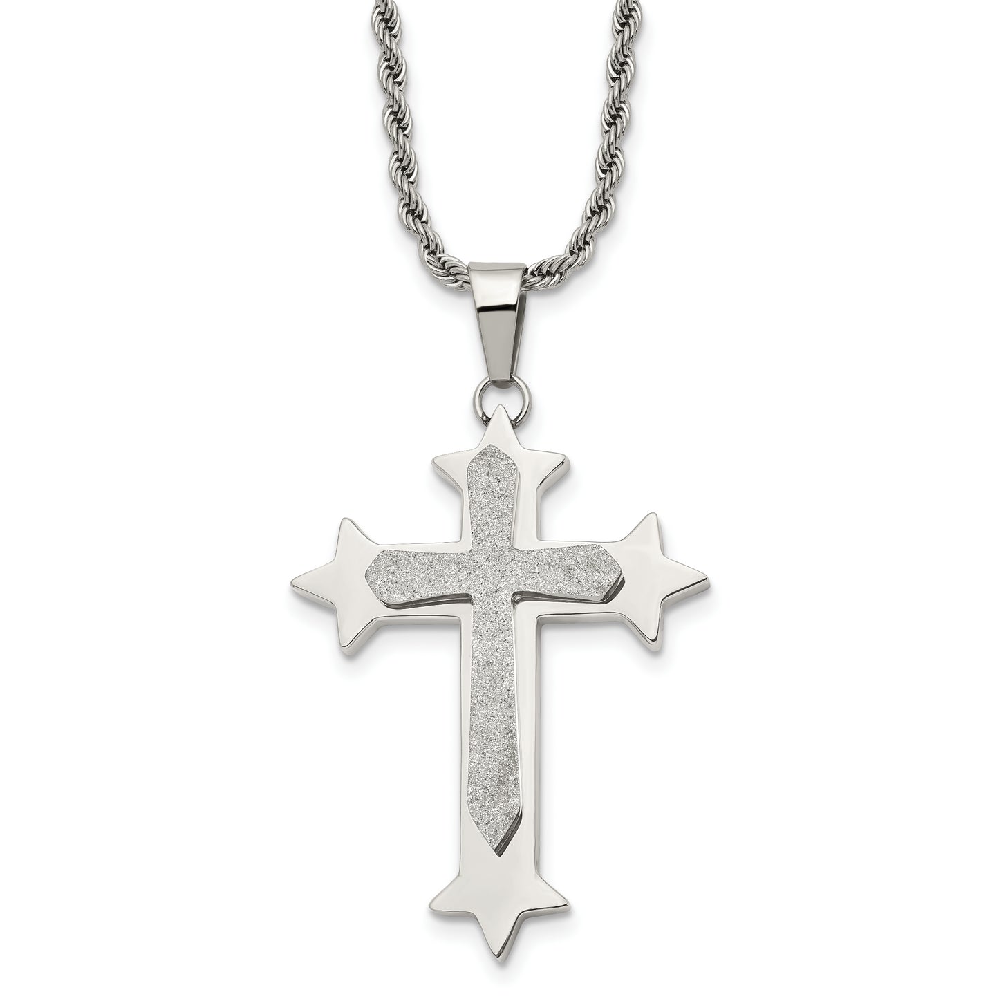 Stainless Steel Chisel Polished And Laser Cut Cross Pendant On A 24 Inch Rope Chain Necklace