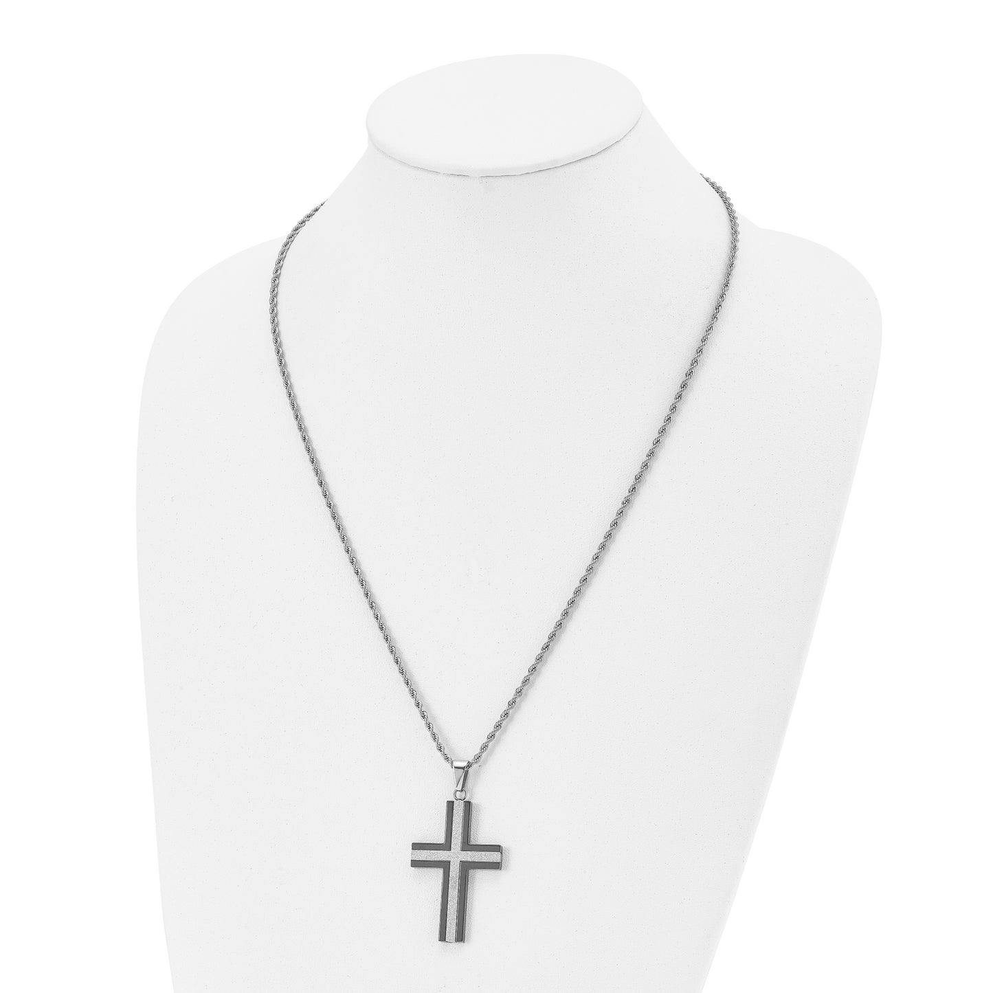 Stainless Steel Chisel Polished Black Ip-Plated Laser Cut Cross Pendant On A 24 Inch Rope Chain Necklace