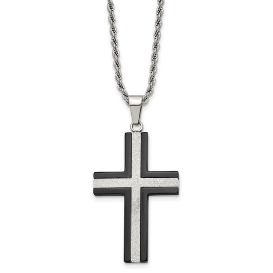 Stainless Steel Chisel Polished Black Ip-Plated Laser Cut Cross Pendant On A 24 Inch Rope Chain Necklace