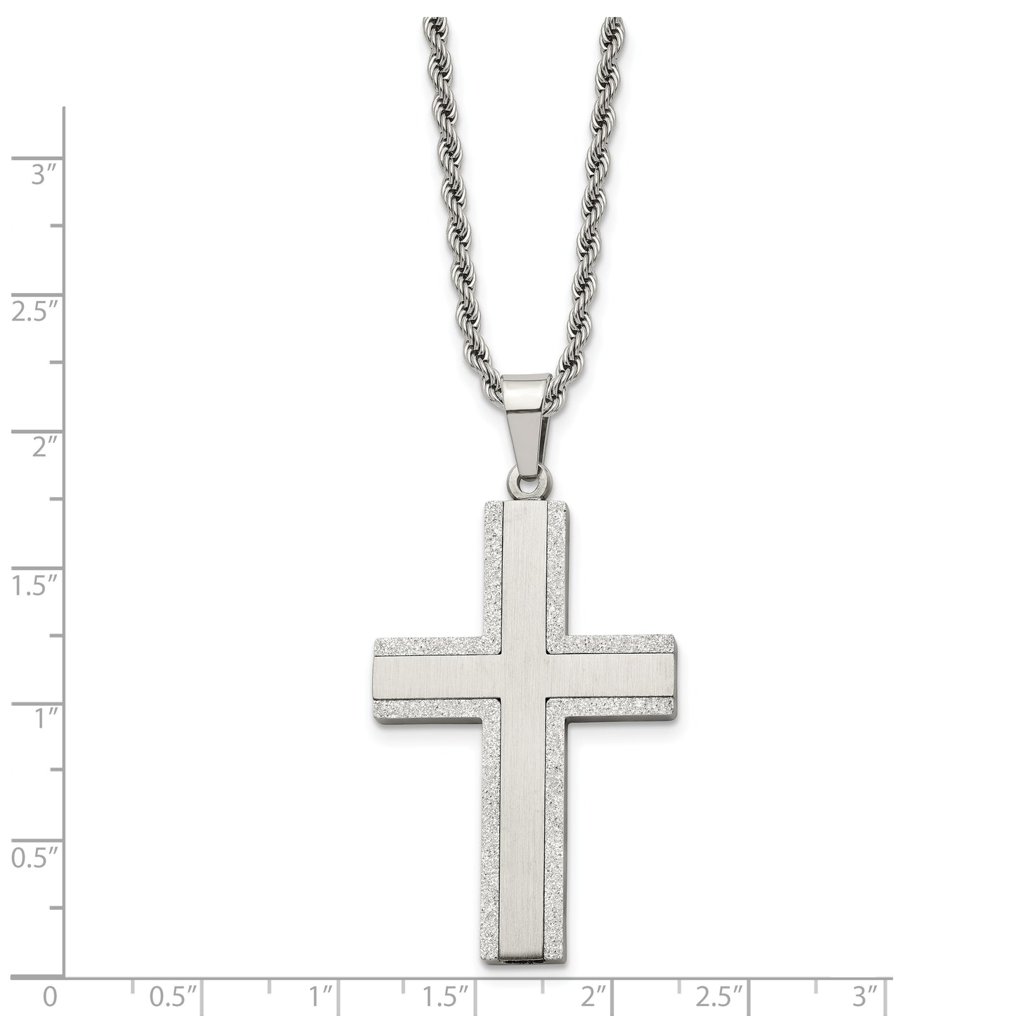 Stainless Steel Chisel Polished Laser Cut Edges Cross Pendant On A 24 Inch Rope Chain Necklace