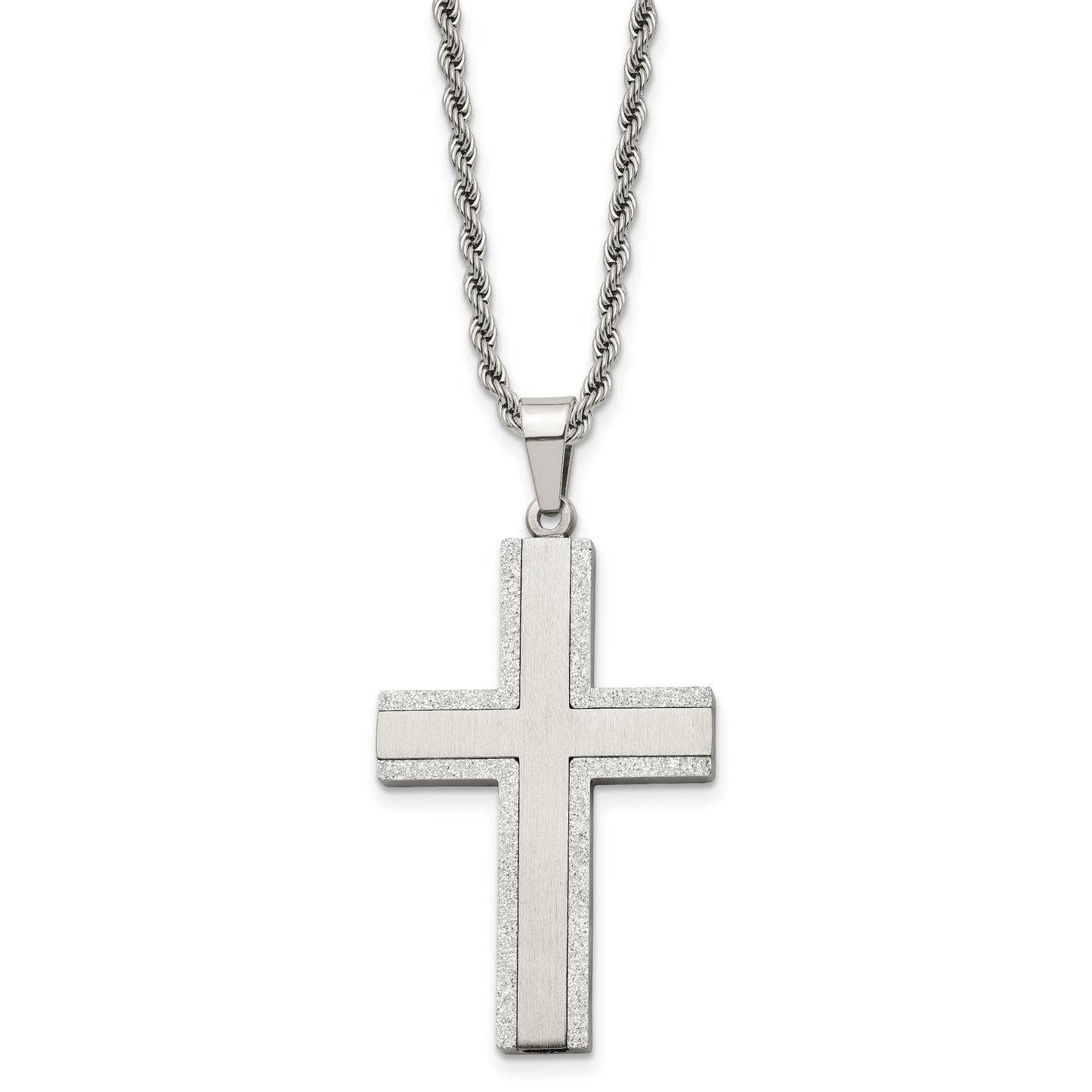 Stainless Steel Chisel Polished Laser Cut Edges Cross Pendant On A 24 Inch Rope Chain Necklace