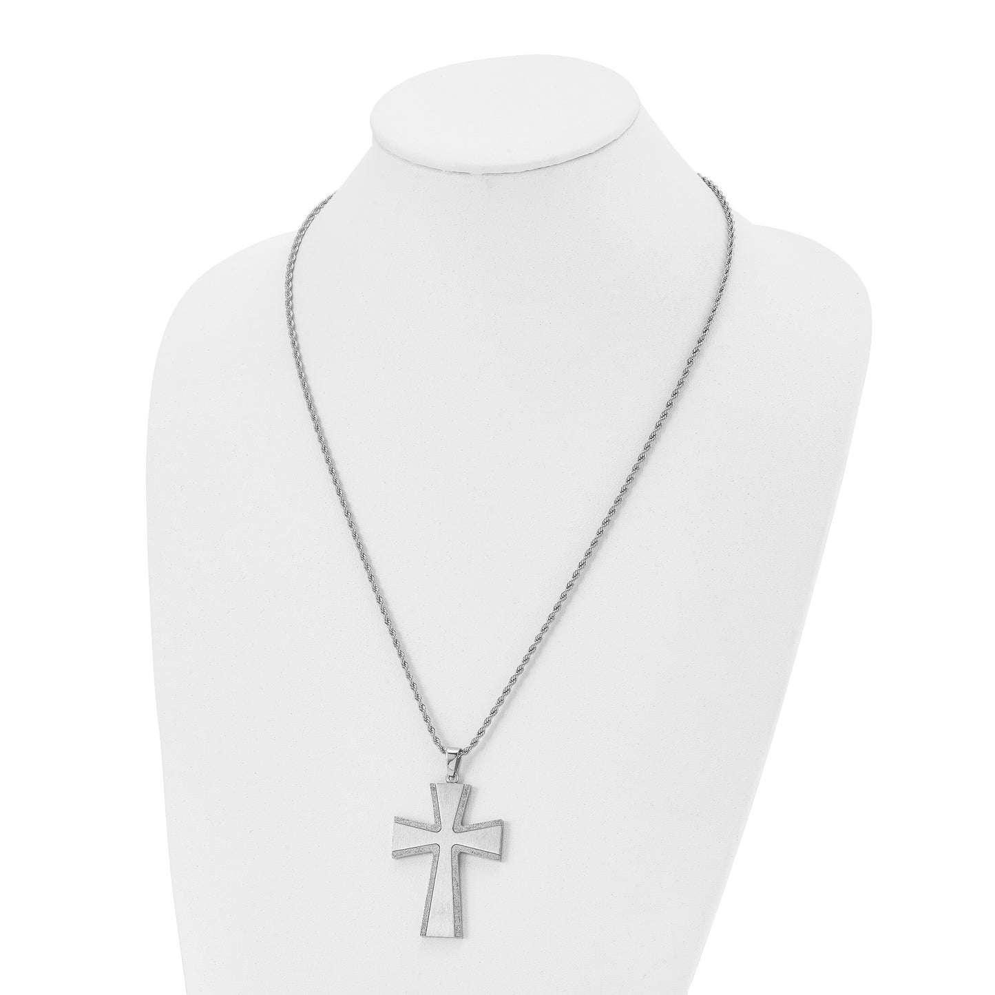 Stainless Steel Chisel Brushed With Laser-Cut Edges Cross Pendant On A 24 Inch Rope Chain Necklace