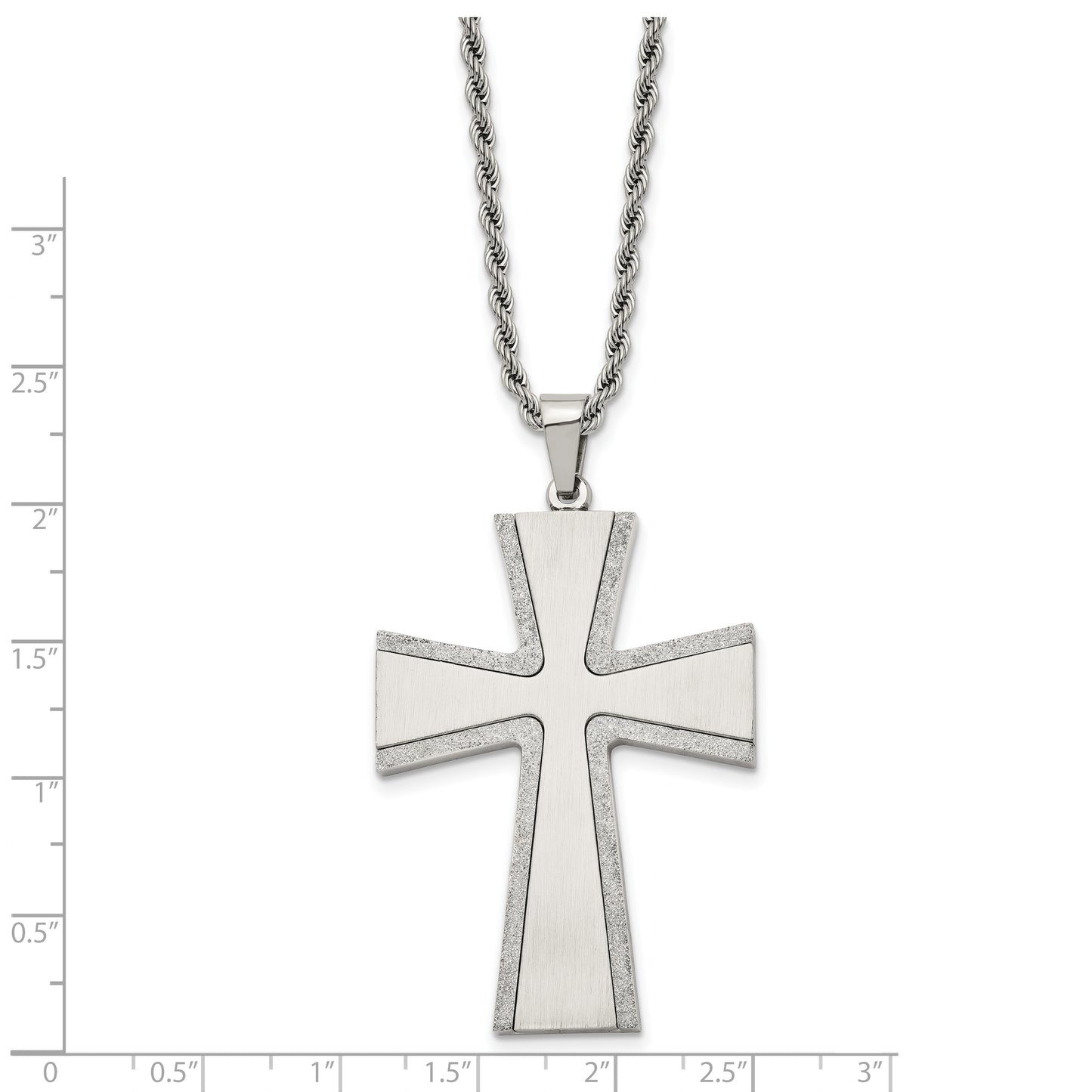 Stainless Steel Chisel Brushed With Laser-Cut Edges Cross Pendant On A 24 Inch Rope Chain Necklace