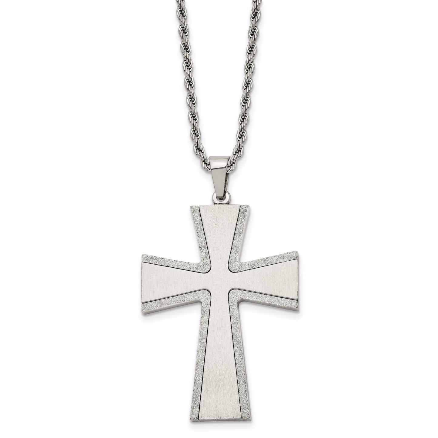 Stainless Steel Chisel Brushed With Laser-Cut Edges Cross Pendant On A 24 Inch Rope Chain Necklace