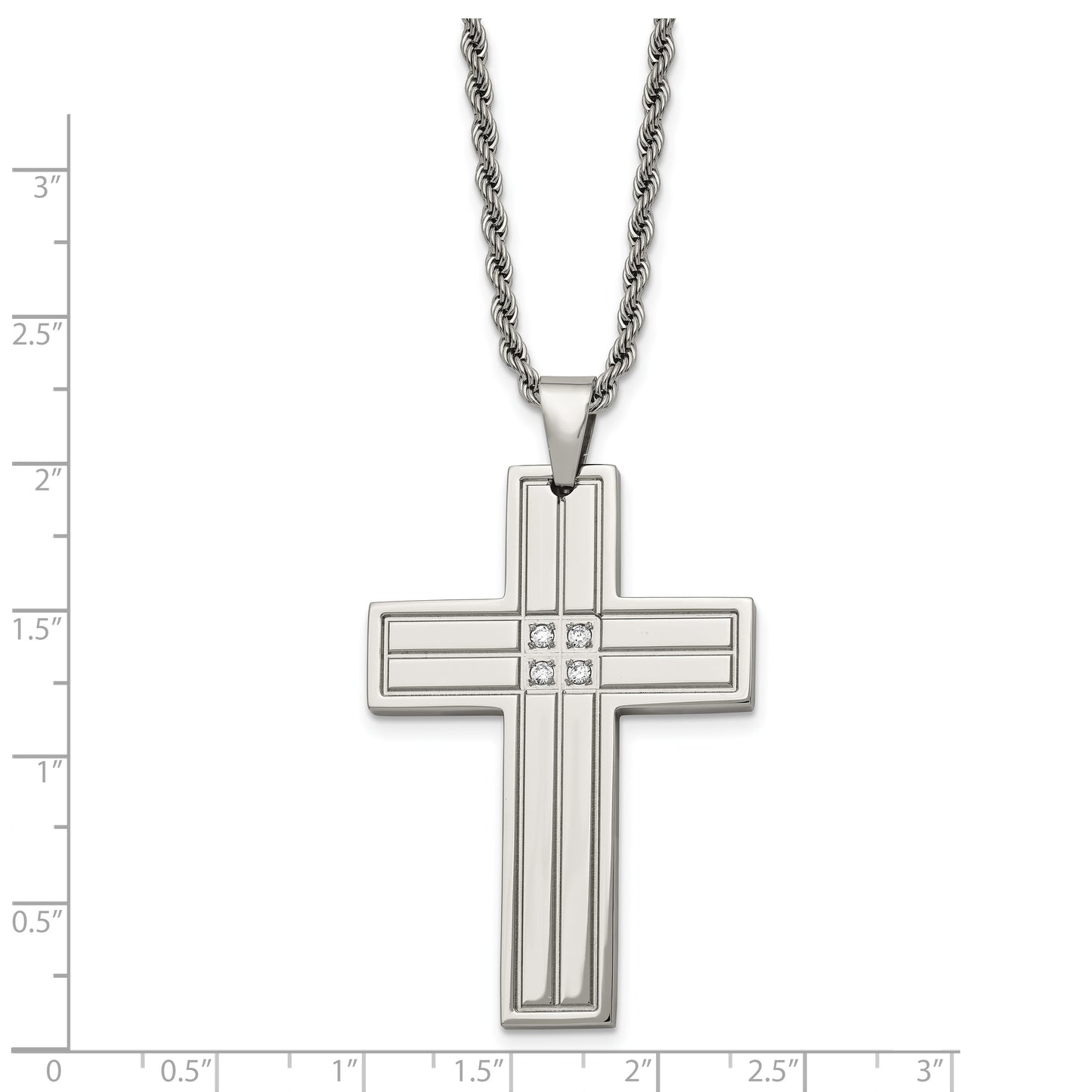 Stainless Steel Chisel Polished With Cz Grooved Cross Pendant On A 24 Inch Rope Chain Necklace