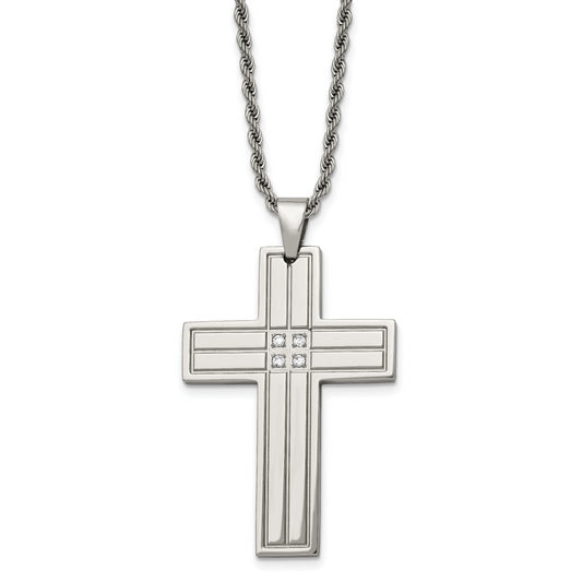 Stainless Steel Chisel Polished With Cz Grooved Cross Pendant On A 24 Inch Rope Chain Necklace