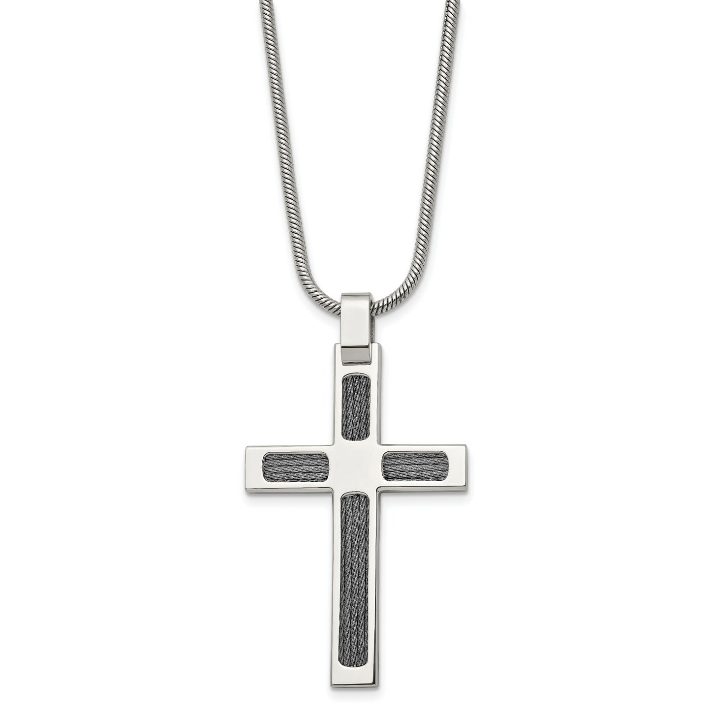 Stainless Steel Chisel Brushed And Polished With Cable Cross Pendant On A 24 Inch Snake Chain Necklace