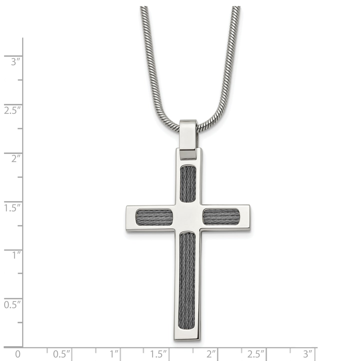 Stainless Steel Chisel Brushed And Polished With Cable Cross Pendant On A 24 Inch Snake Chain Necklace