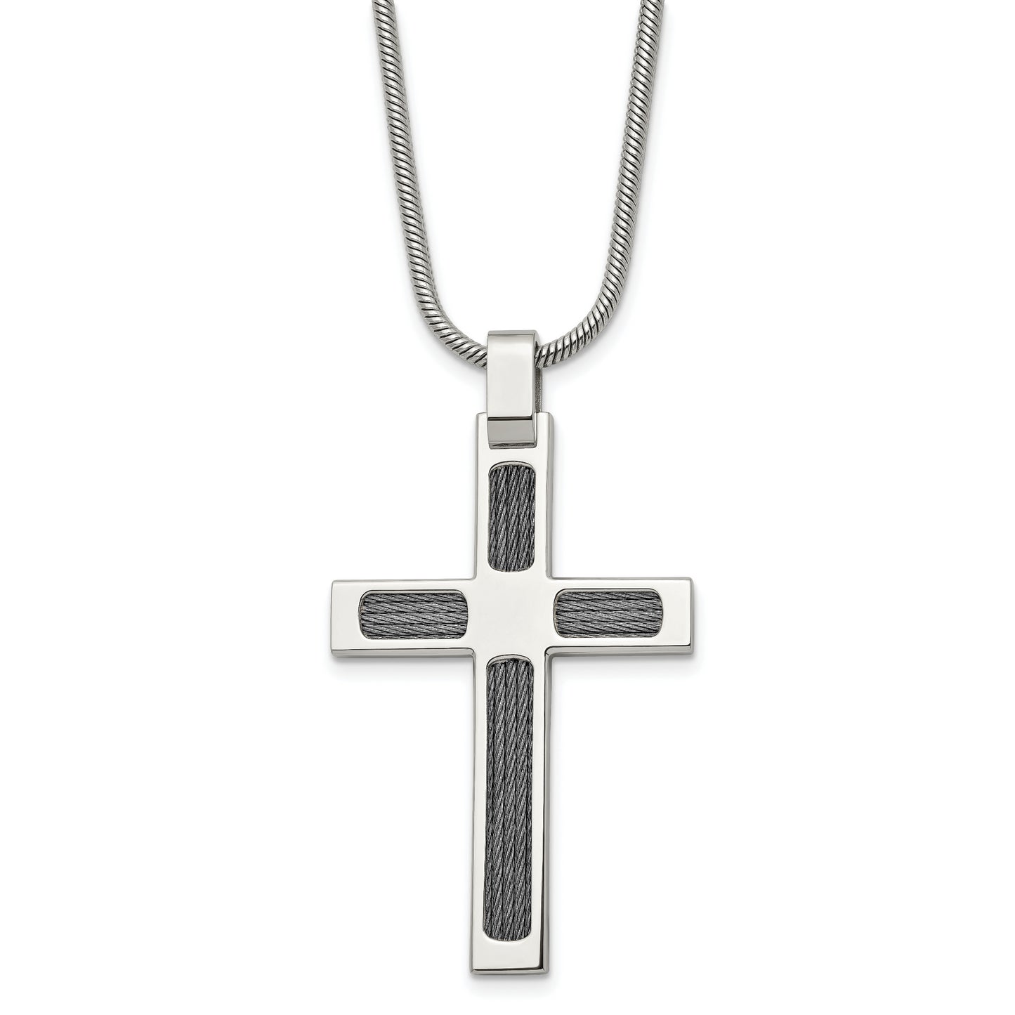 Stainless Steel Chisel Brushed And Polished With Cable Cross Pendant On A 24 Inch Snake Chain Necklace