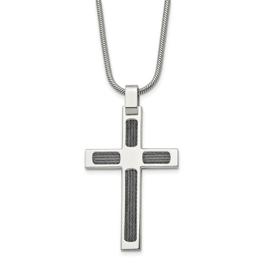 Stainless Steel Chisel Brushed And Polished With Cable Cross Pendant On A 24 Inch Snake Chain Necklace