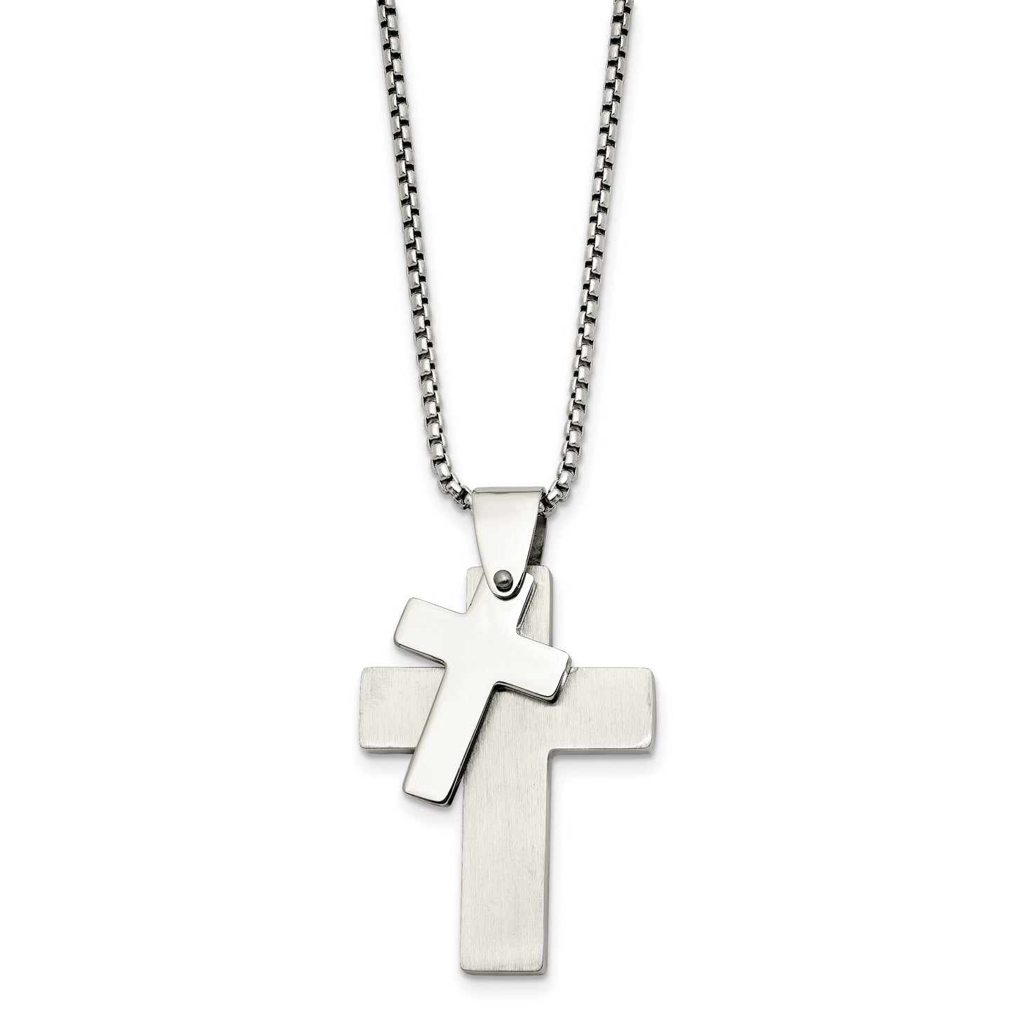 Stainless Steel Chisel Brushed And Polished Double Cross Pendant On A 24 Inch Box Chain Necklace