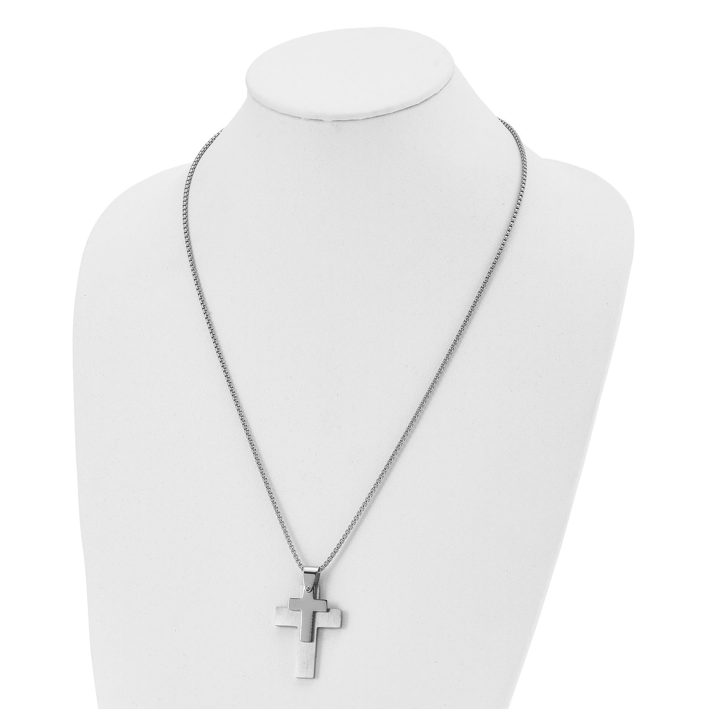 Stainless Steel Chisel Brushed And Polished Double Cross Pendant On A 24 Inch Box Chain Necklace