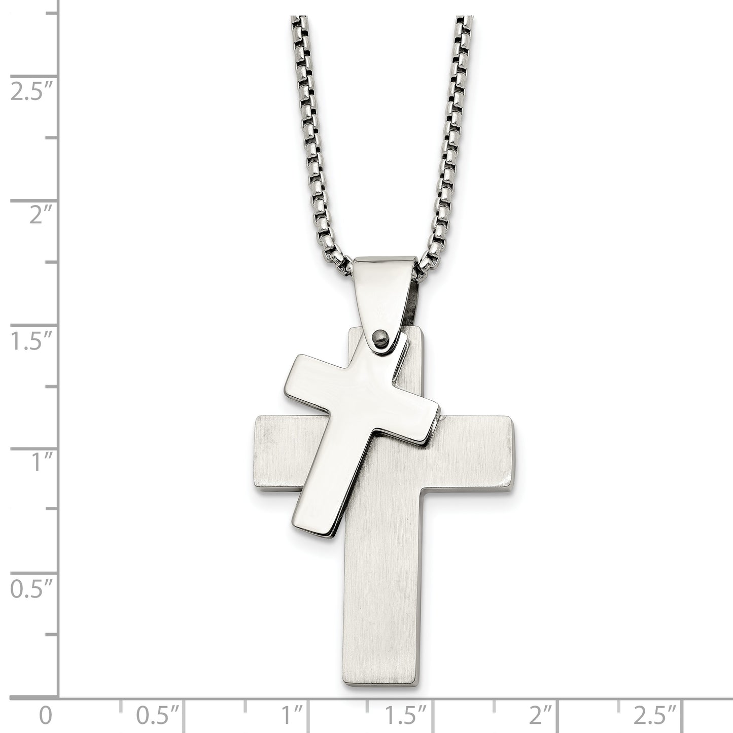 Stainless Steel Chisel Brushed And Polished Double Cross Pendant On A 24 Inch Box Chain Necklace