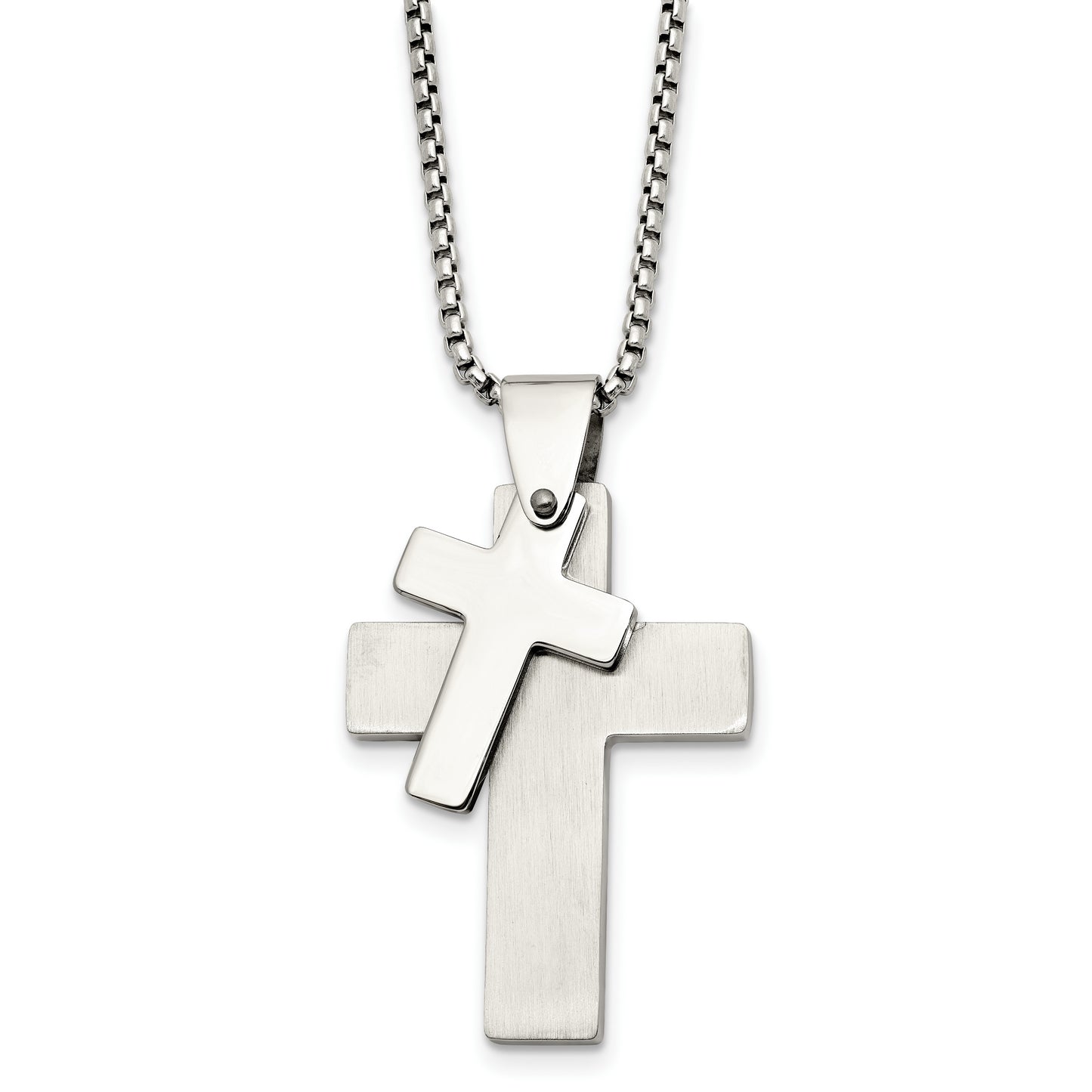 Stainless Steel Chisel Brushed And Polished Double Cross Pendant On A 24 Inch Box Chain Necklace