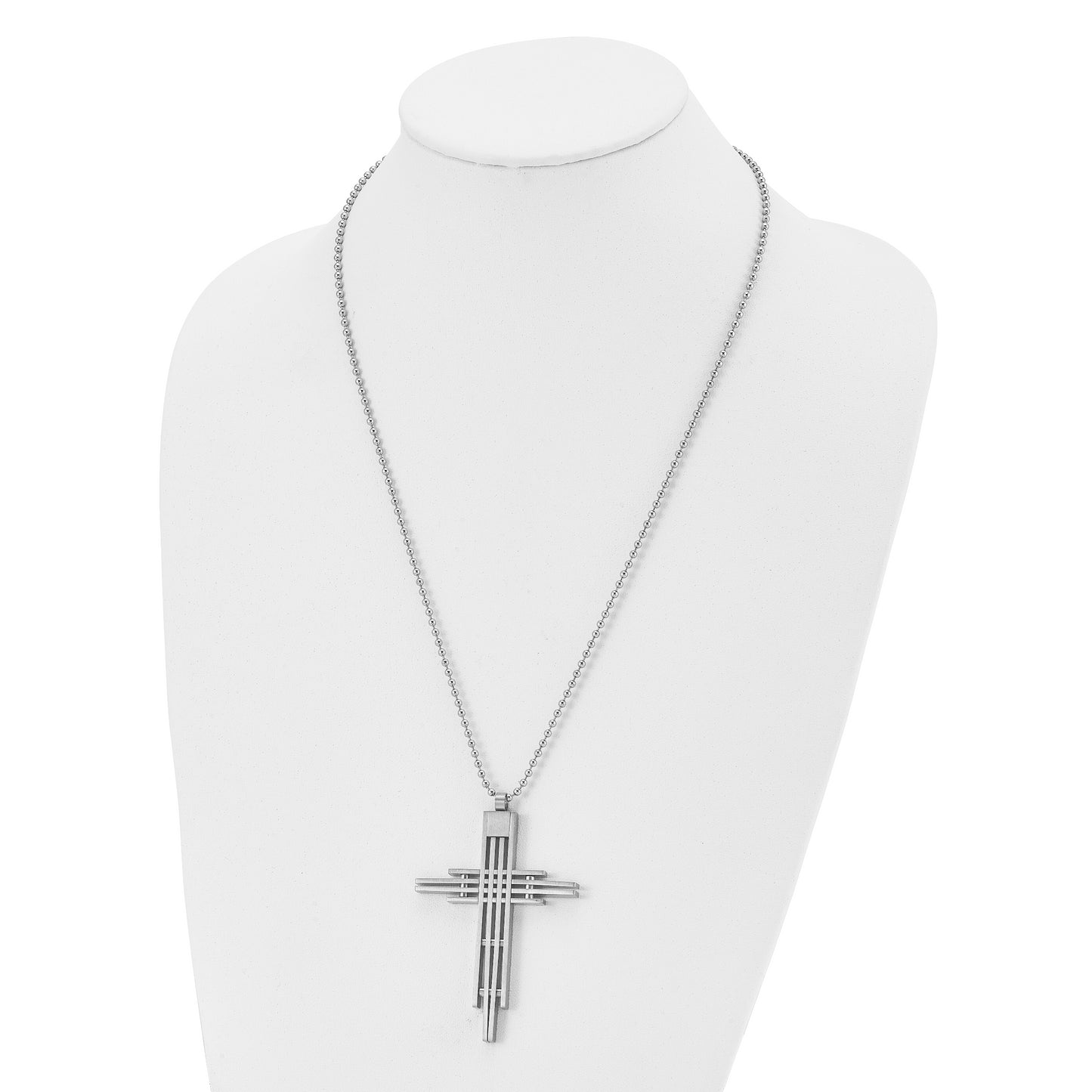 Stainless Steel Chisel Brushed And Polished Cross Pendant On A 24 Inch Ball Chain Necklace