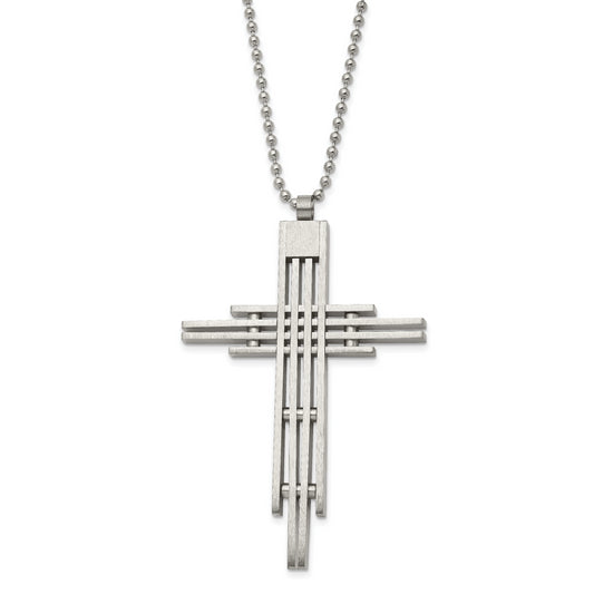 Stainless Steel Chisel Brushed And Polished Cross Pendant On A 24 Inch Ball Chain Necklace