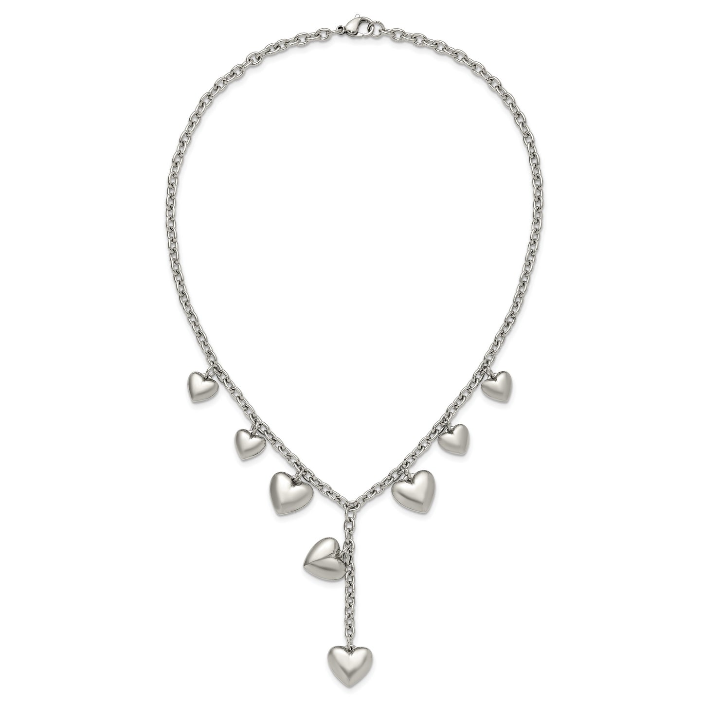 Stainless Steel Chisel Polished Hearts On A 18 Inch Cable Chain Necklace