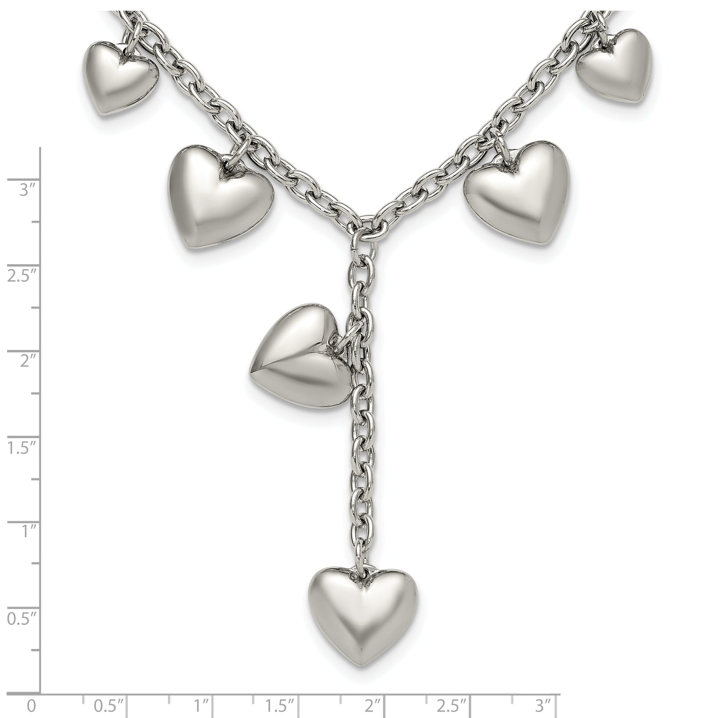 Stainless Steel Chisel Polished Hearts On A 18 Inch Cable Chain Necklace