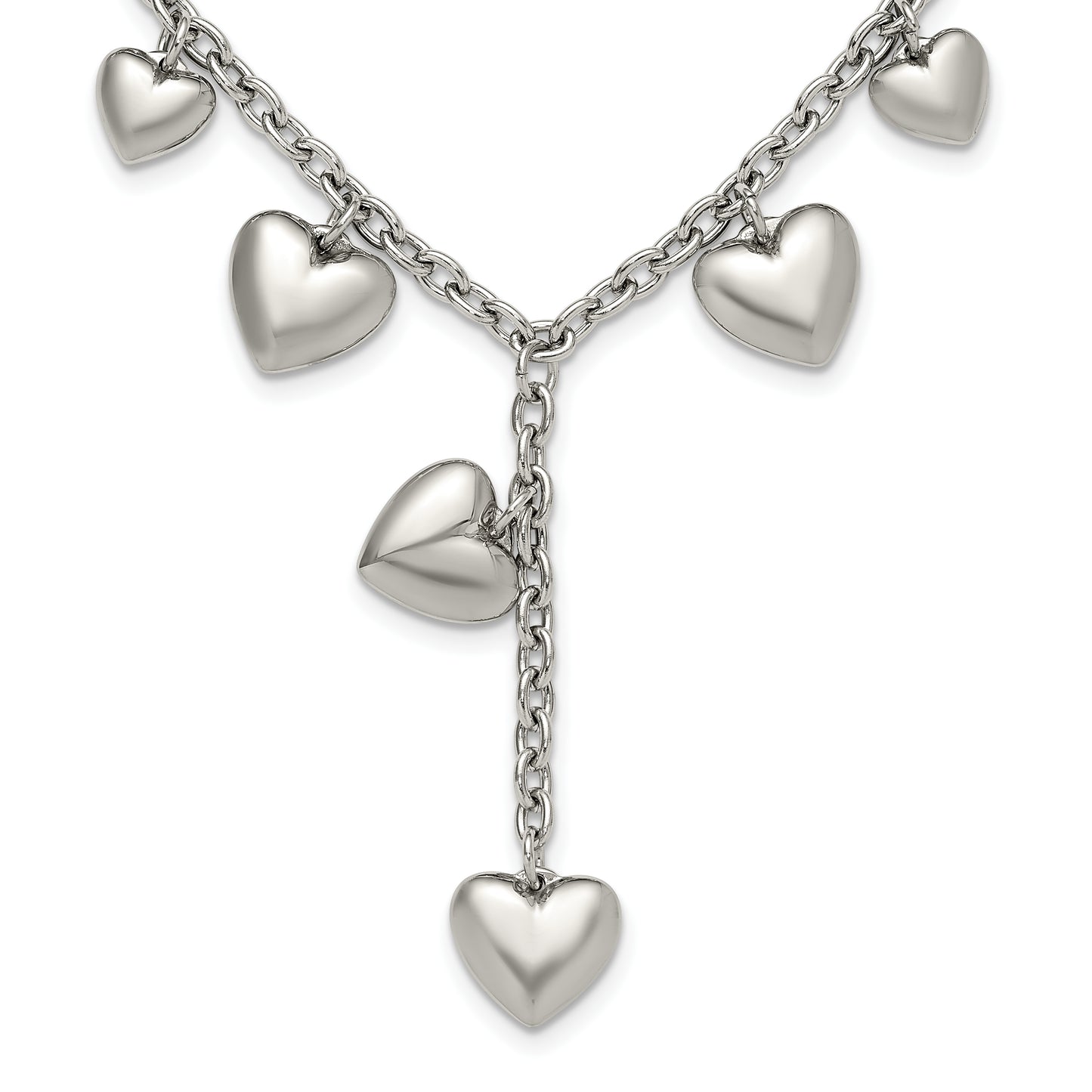 Stainless Steel Chisel Polished Hearts On A 18 Inch Cable Chain Necklace