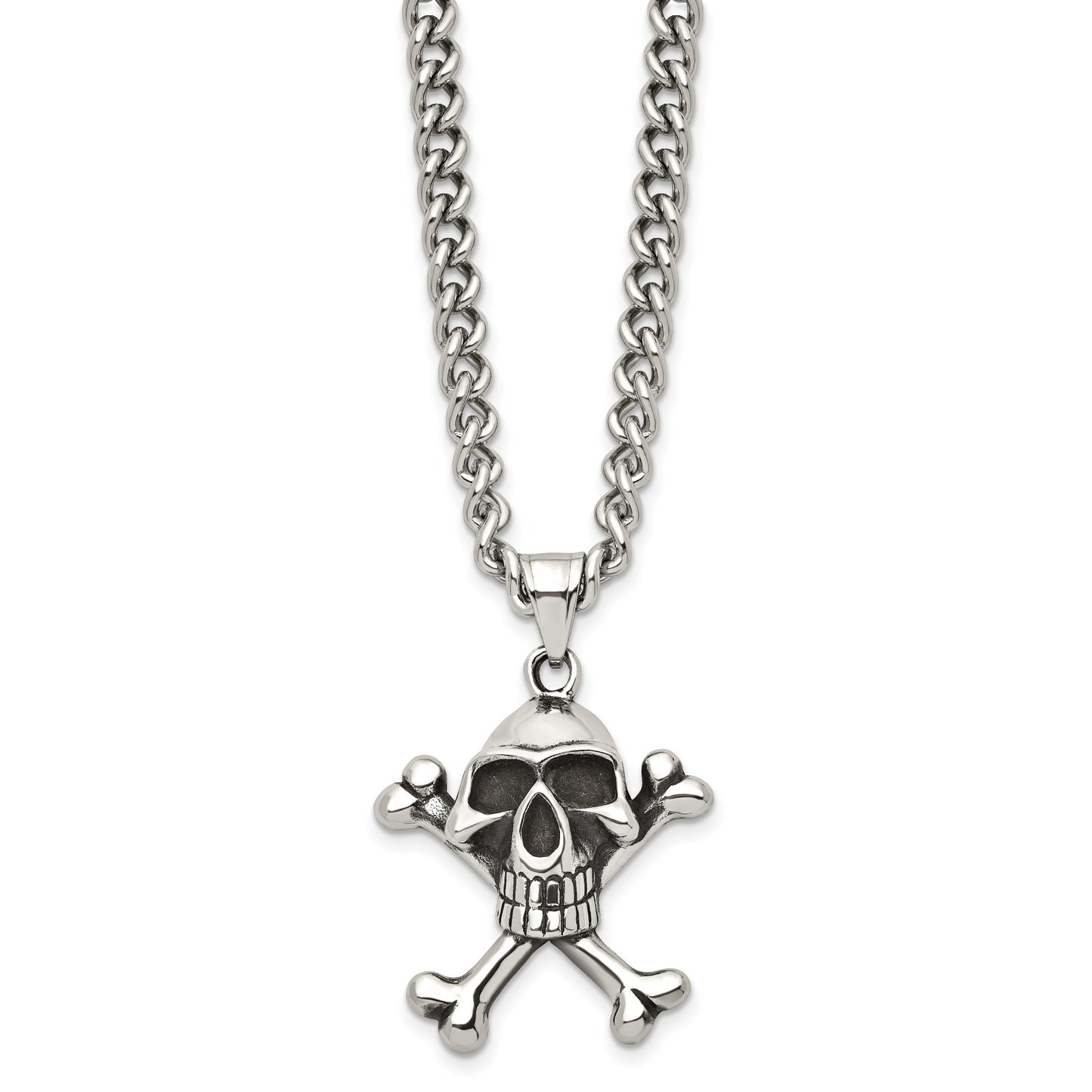 Stainless Steel Chisel Antiqued And Polished Skull Crossbones Pendant On A 24 Inch Curb Chain Necklace