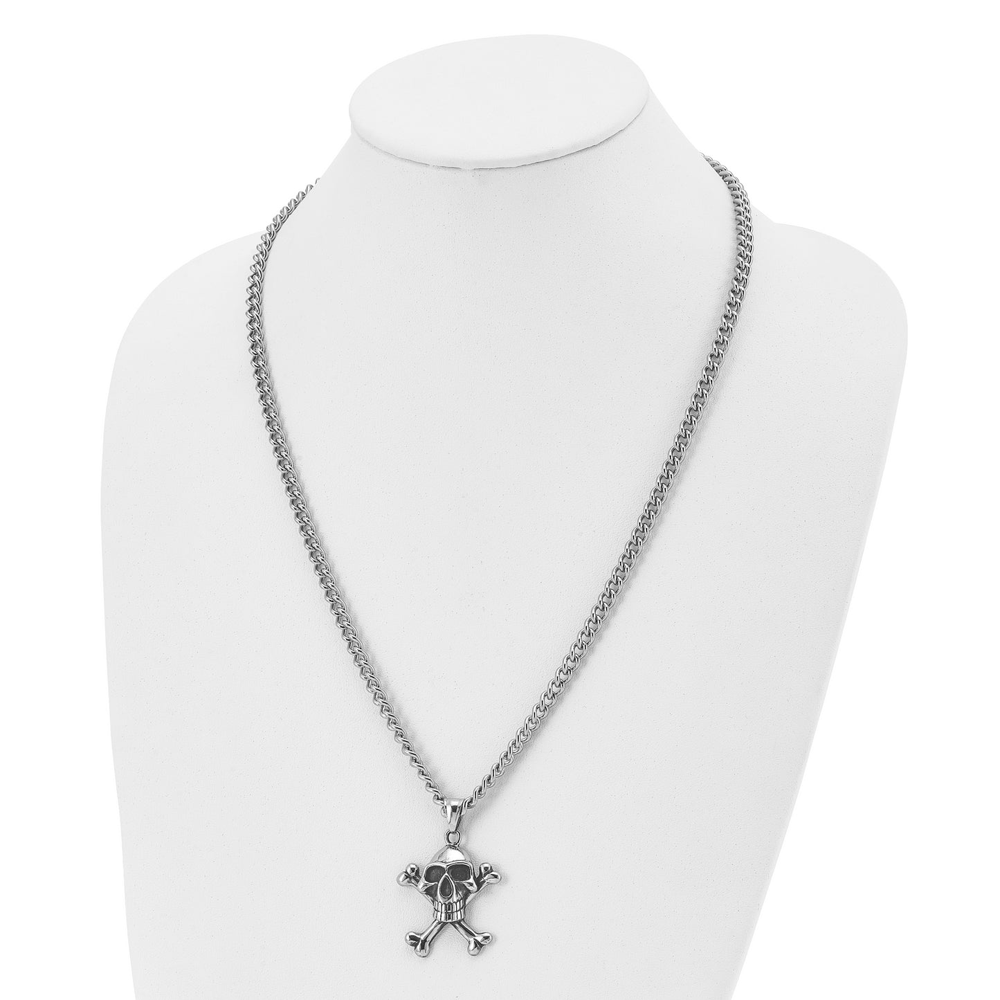 Stainless Steel Chisel Antiqued And Polished Skull Crossbones Pendant On A 24 Inch Curb Chain Necklace