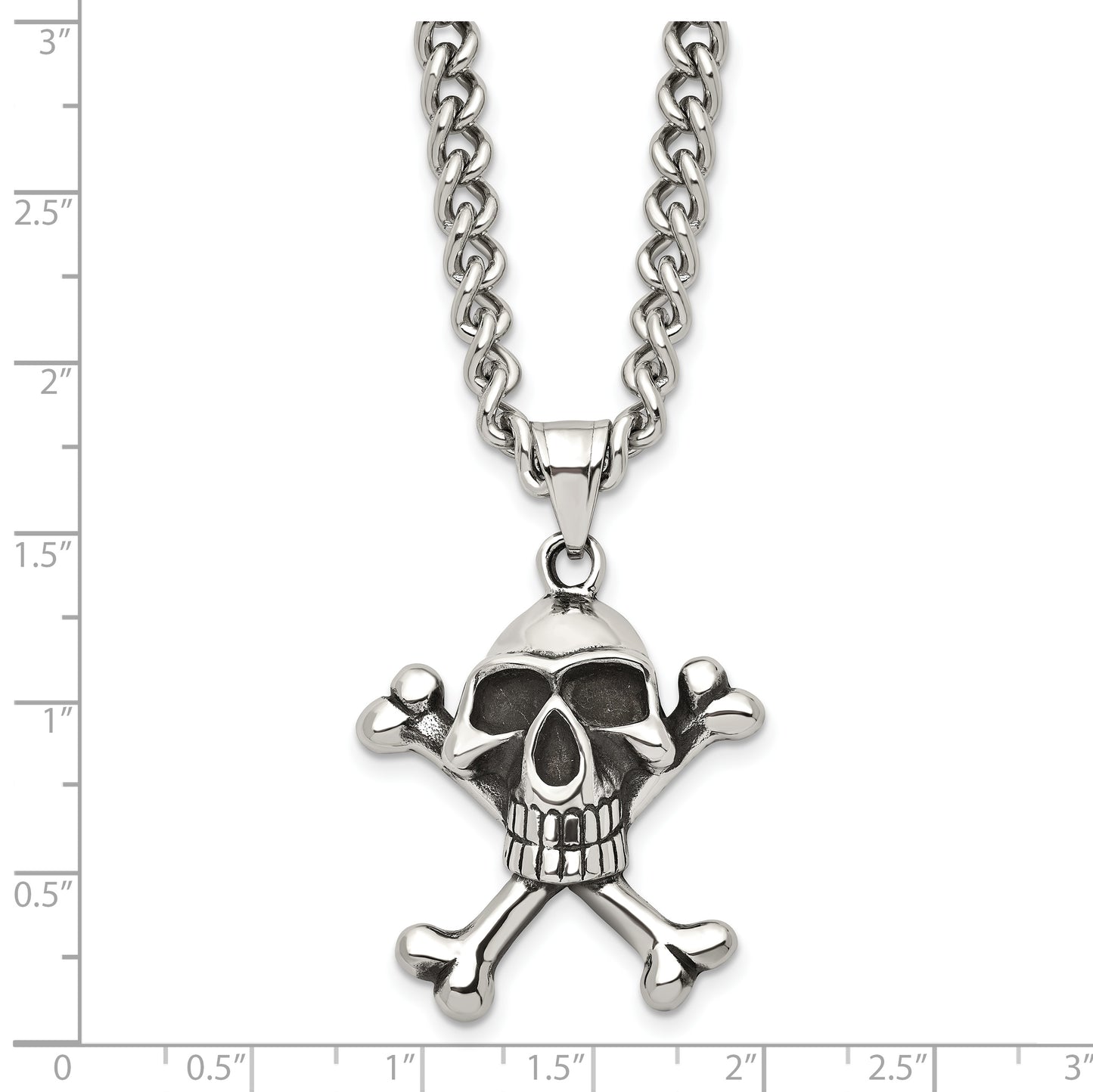 Stainless Steel Chisel Antiqued And Polished Skull Crossbones Pendant On A 24 Inch Curb Chain Necklace