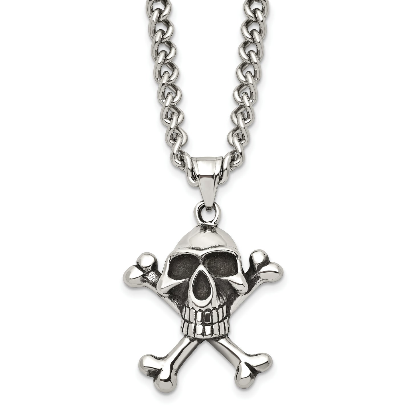 Stainless Steel Chisel Antiqued And Polished Skull Crossbones Pendant On A 24 Inch Curb Chain Necklace