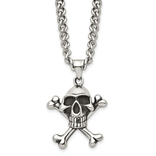 Stainless Steel Chisel Antiqued And Polished Skull Crossbones Pendant On A 24 Inch Curb Chain Necklace