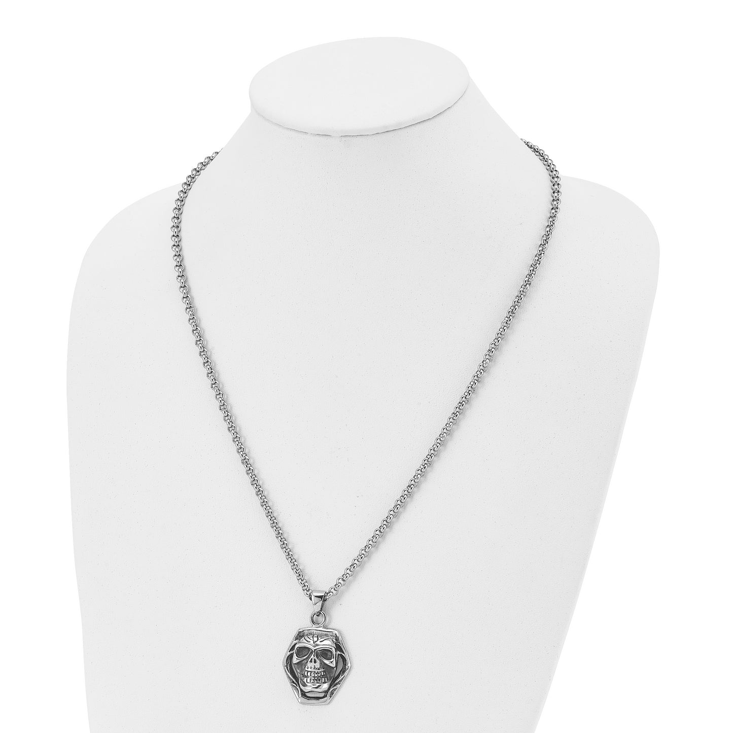 Stainless Steel Chisel Antiqued And Polished Skull Pendant On A 24 Inch Cable Chain Necklace