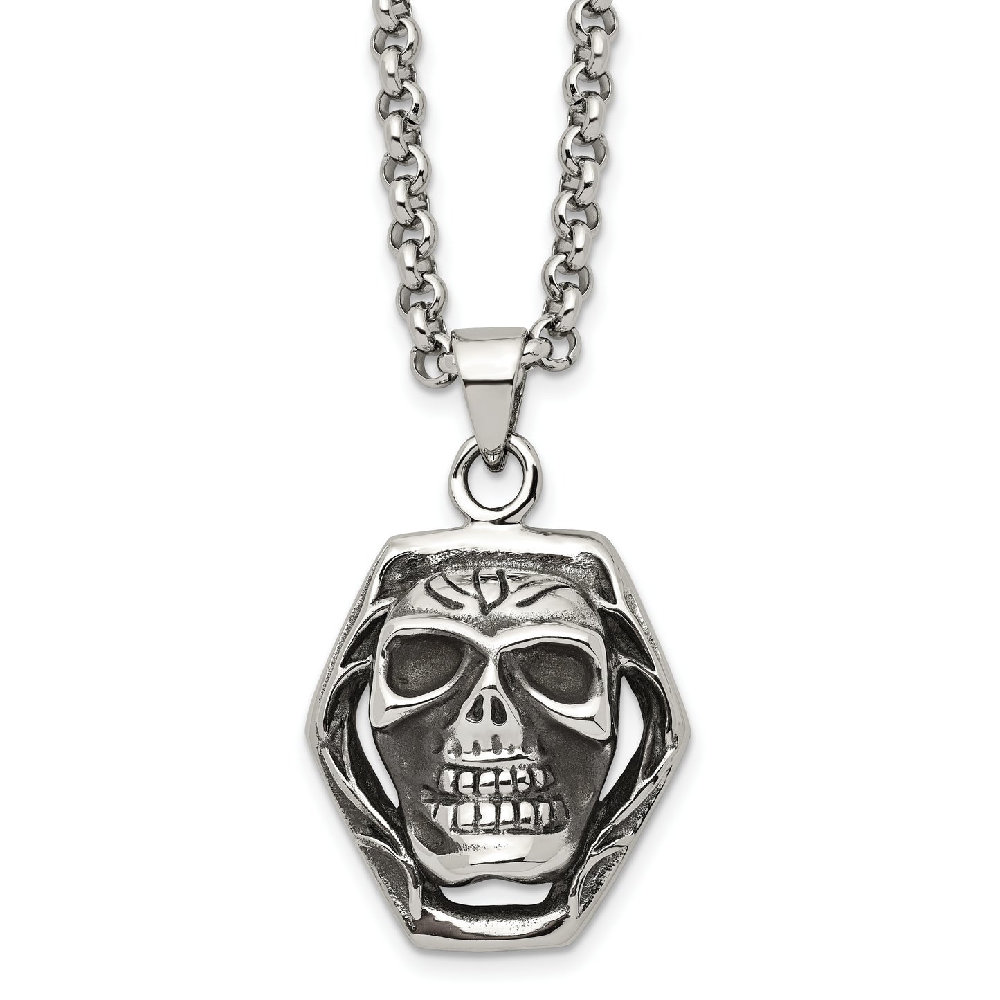 Stainless Steel Chisel Antiqued And Polished Skull Pendant On A 24 Inch Cable Chain Necklace