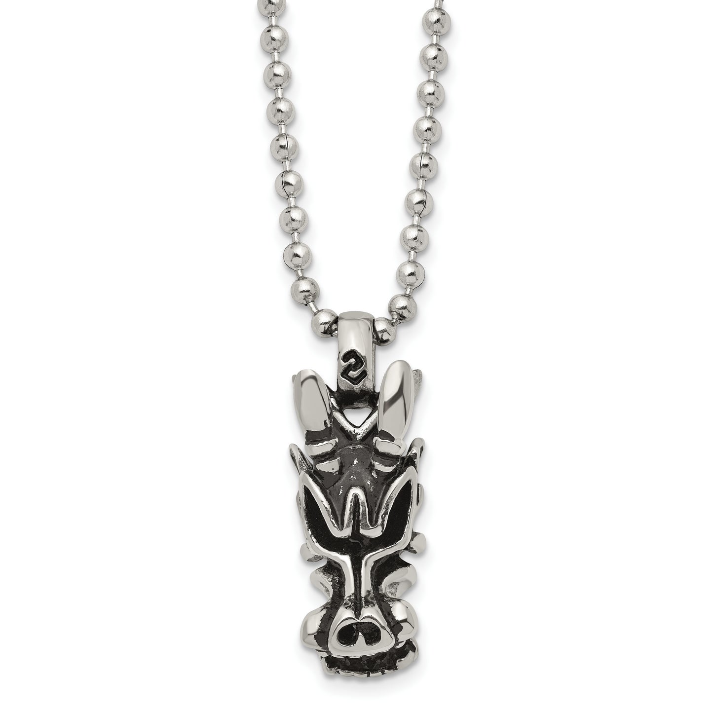 Stainless Steel Chisel Antiqued And Polished Dragon Head Pendant On A 22 Inch Ball Chain Necklace