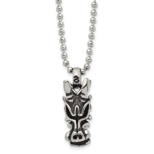 Stainless Steel Chisel Antiqued And Polished Dragon Head Pendant On A 22 Inch Ball Chain Necklace